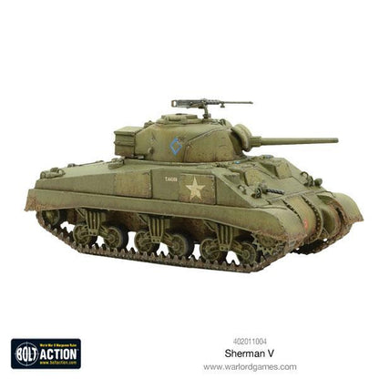 Sherman V M4A4 - Bolt Action 28mm - widok z lewego boku olive drab 75mm gun pintle HMG US markings - Warlord Games