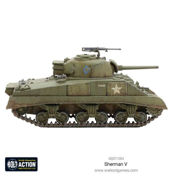 Sherman V M4A4 - Bolt Action 28mm - widok z prawego boku olive drab gąsienice white star marking - Warlord Games