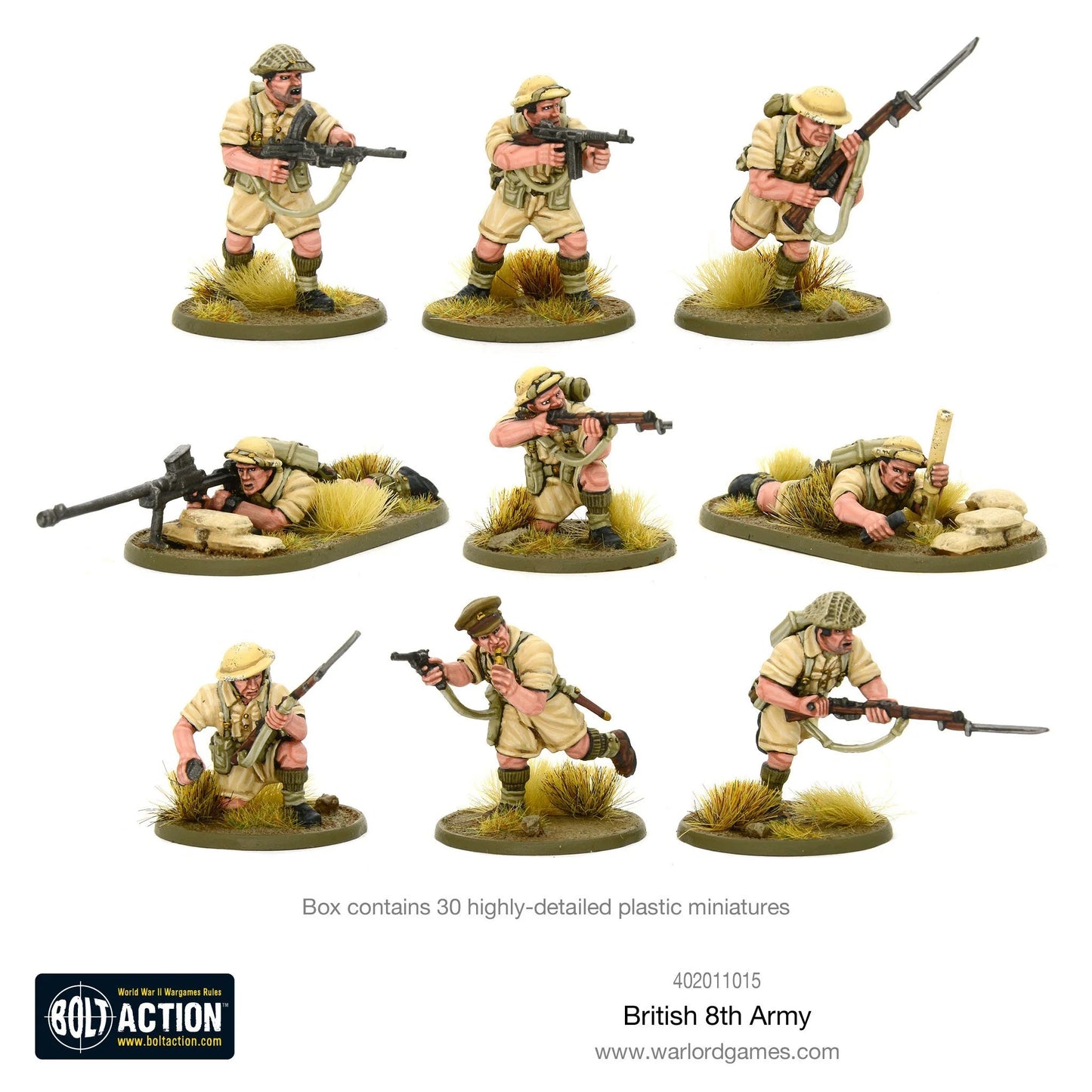 British 8th Army Platoon - Bolt Action 28mm - 9 figurek pomalowanych mundury pustynne Lee Enfield Thompson - Warlord Games