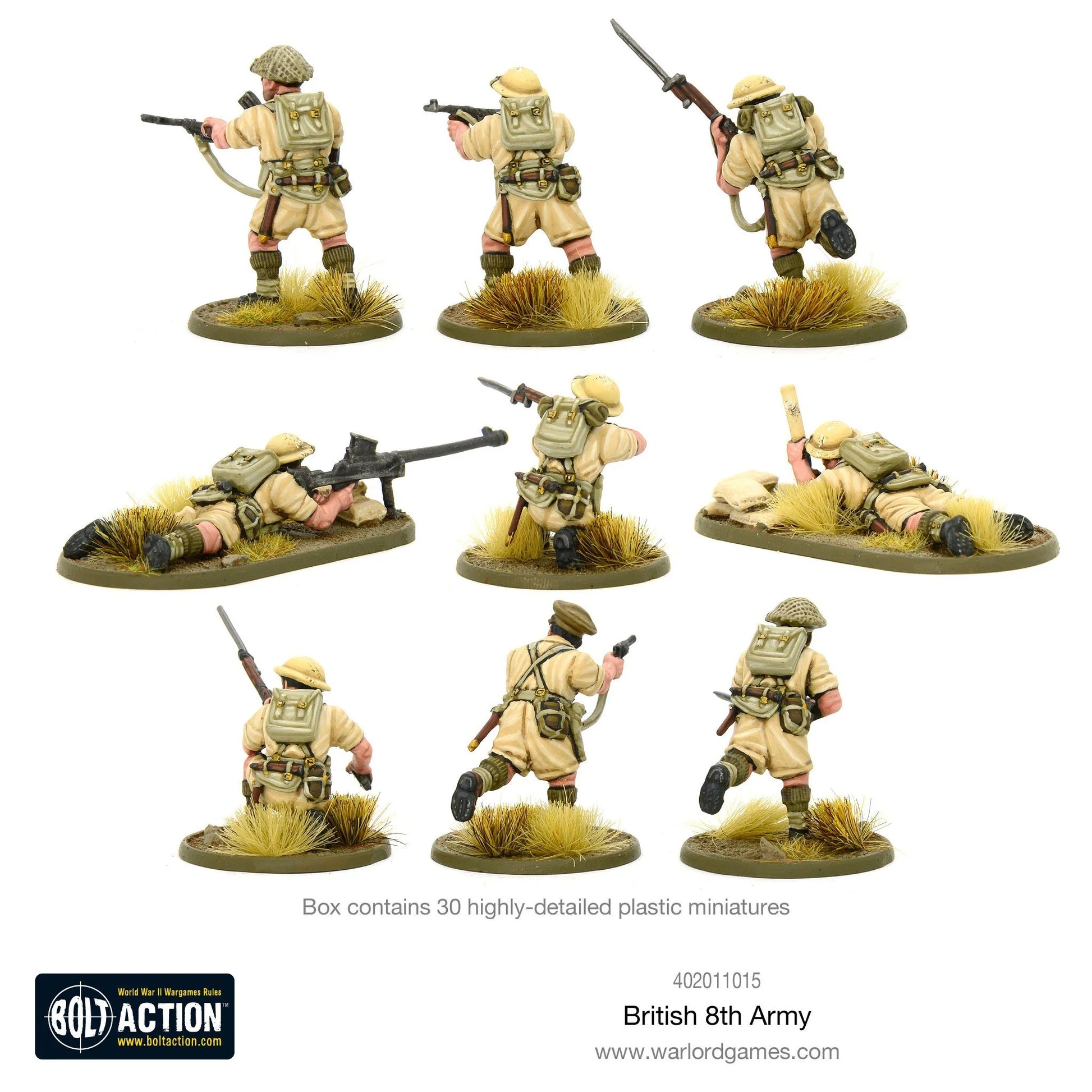 British 8th Army Platoon - Bolt Action 28mm - 9 figurek widok z tyłu wyposażenie pustynne plecaki - Warlord Games