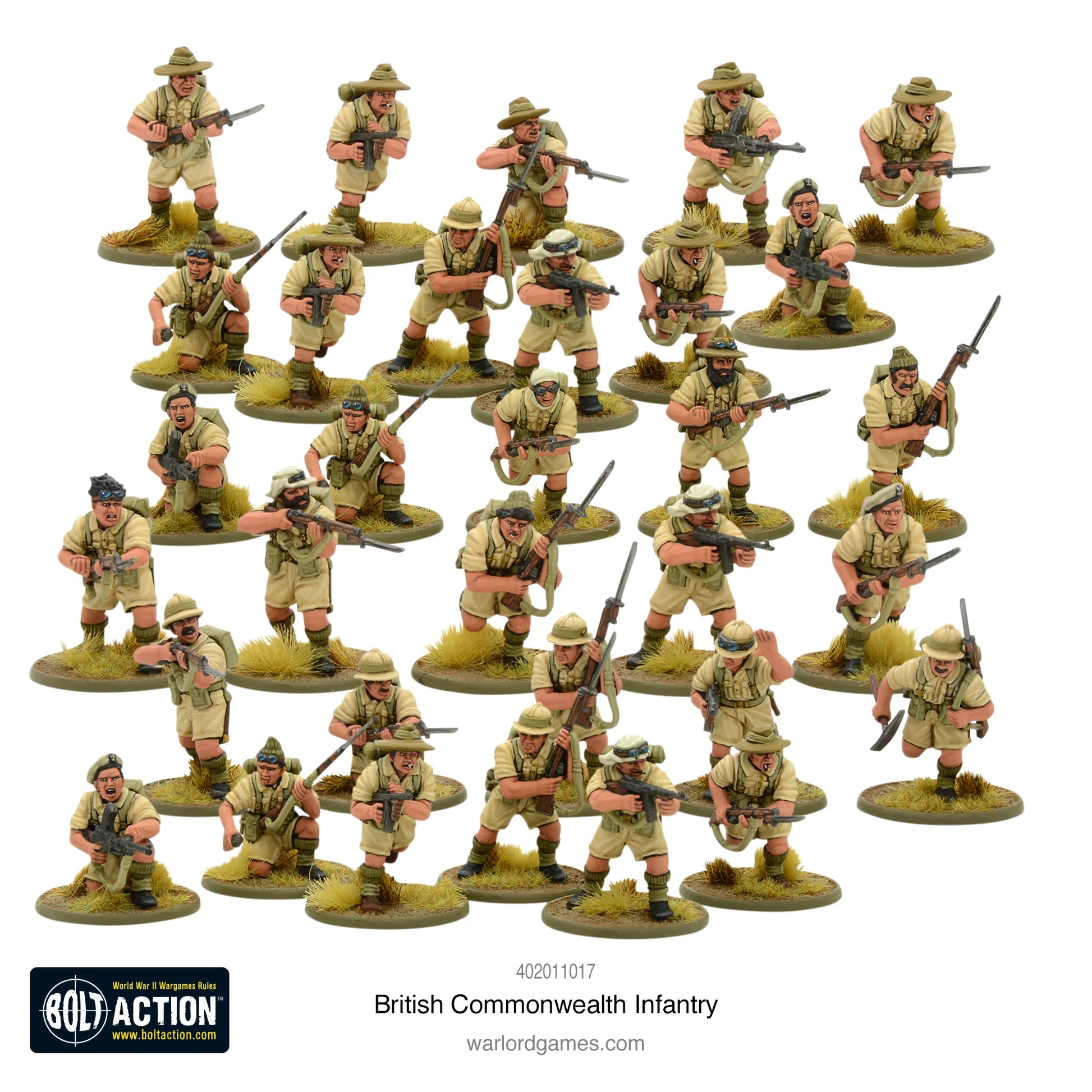 British Commonwealth Infantry - Bolt Action 28mm - 30 figurek pomalowanych slouch hats sun helmets kompletny zestaw - Warlord Games