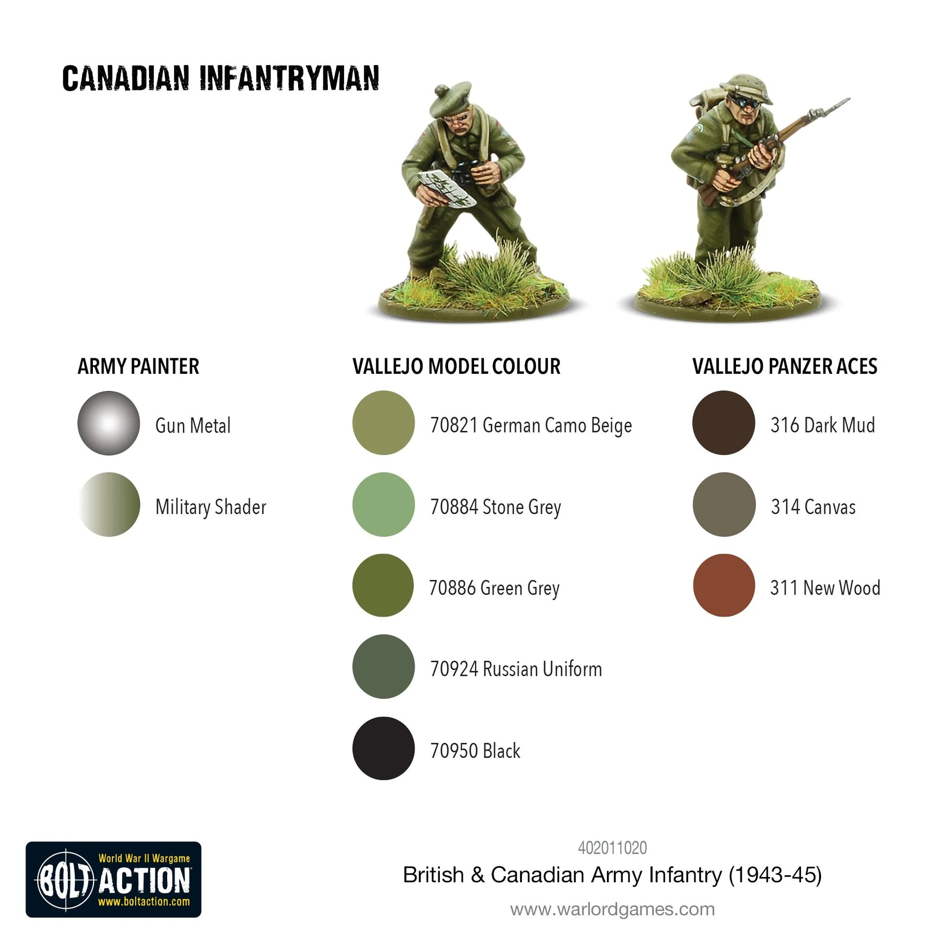 British Canadian Army Infantry 1943-45 - Bolt Action 28mm - schemat malowania Canadian Infantryman Army Painter Vallejo - Warlord Games