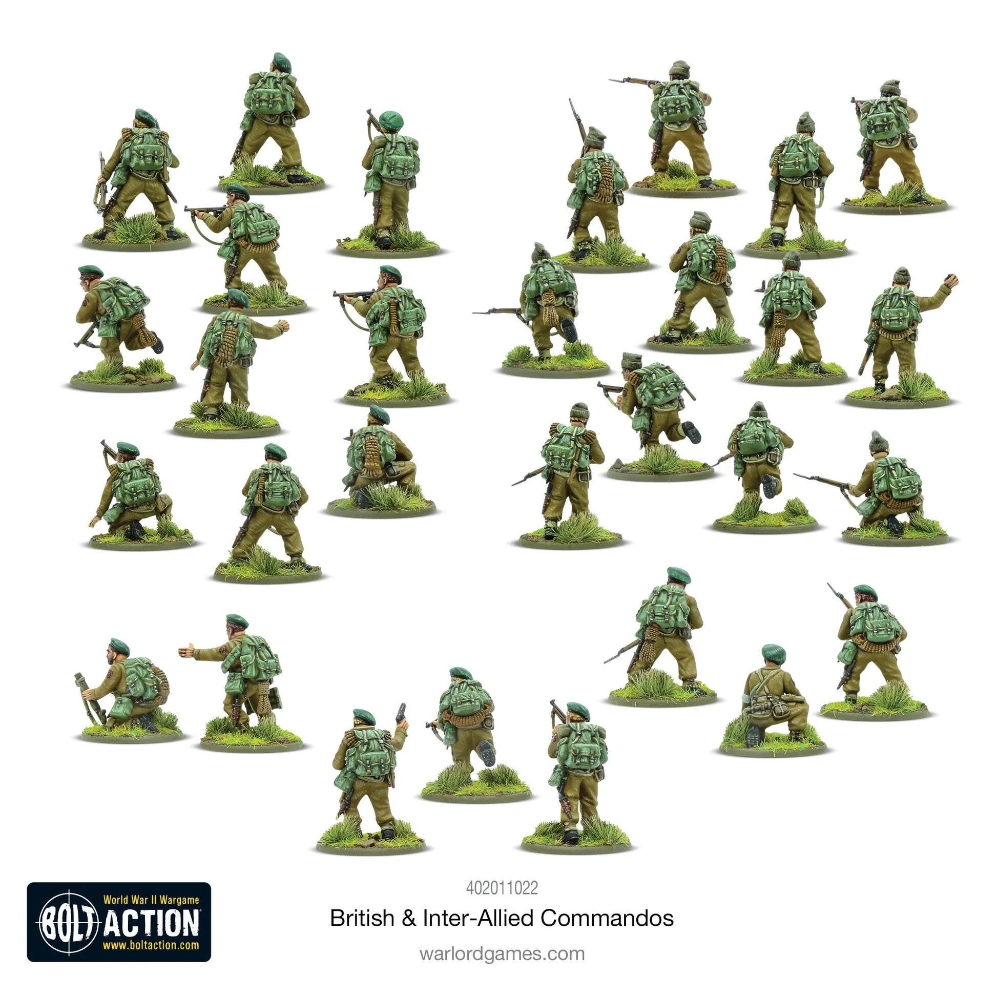 British Inter-Allied Commandos - Bolt Action 28mm - 30 figurek widok z tyłu wyposażenie plecaki berety - Warlord Games