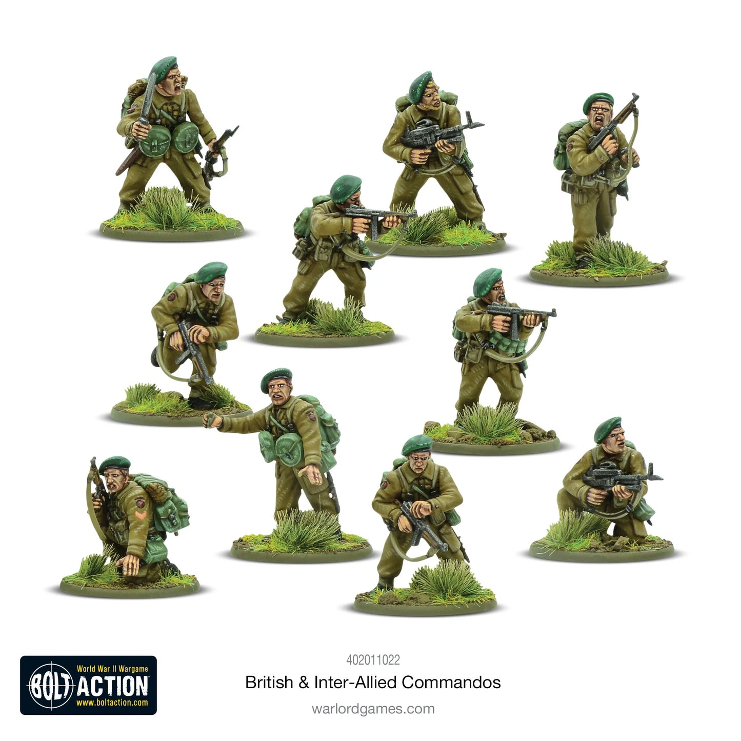 British Inter-Allied Commandos - Bolt action 28mm - grupa commandos berety zielone Sten gun Thompson SMG - Warlord Games