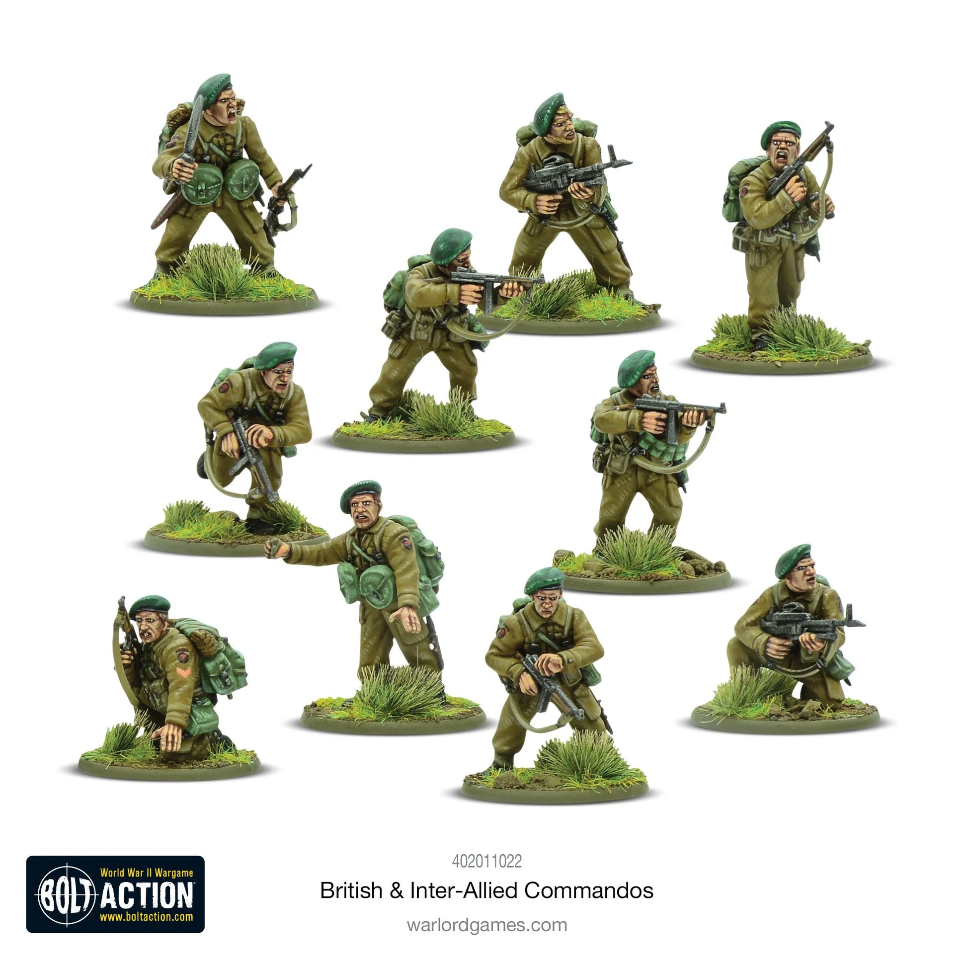 British Inter-Allied Commandos - Bolt action 28mm - grupa commandos berety zielone Sten gun Thompson SMG - Warlord Games