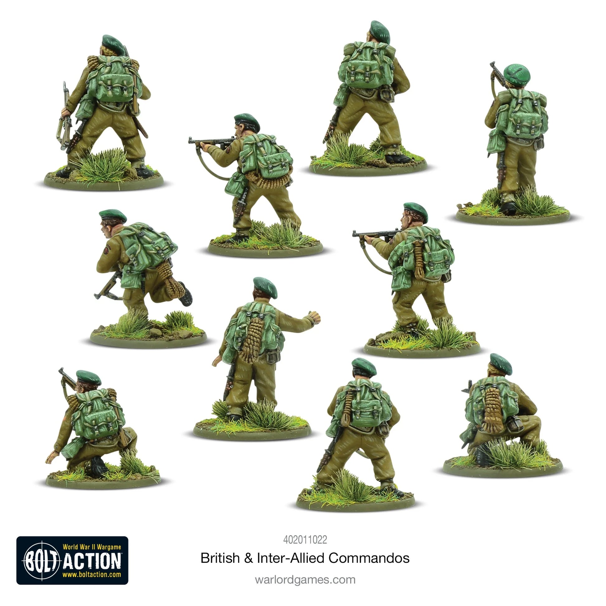 British Inter-Allied Commandos - Bolt Action 28mm - sekcja commandos widok z tyłu berety zielone plecaki Bergen - Warlord Games