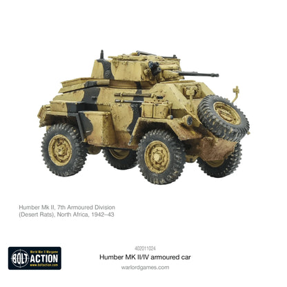 Humber MK II Armoured Car - Bolt Action 28mm - widok z boku kamuflaż pustyni Desert Rats 7th Armoured Division 15mm Besa - Warlord Games