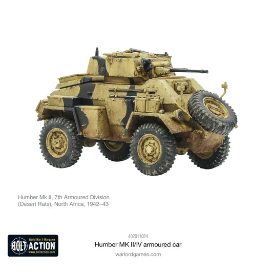 Humber MK II Armoured Car - Bolt Action 28mm - widok z boku kamuflaż pustyni Desert Rats 7th Armoured Division 15mm Besa - Warlord Games