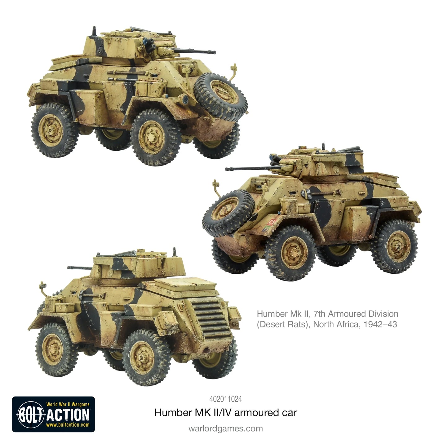  Humber MK II/IV Armoured Car - Bolt Action 28mm - trzy widoki kamuflaż pustyni Desert Rats 7th Armoured Division Afryka Północna - Warlord Games