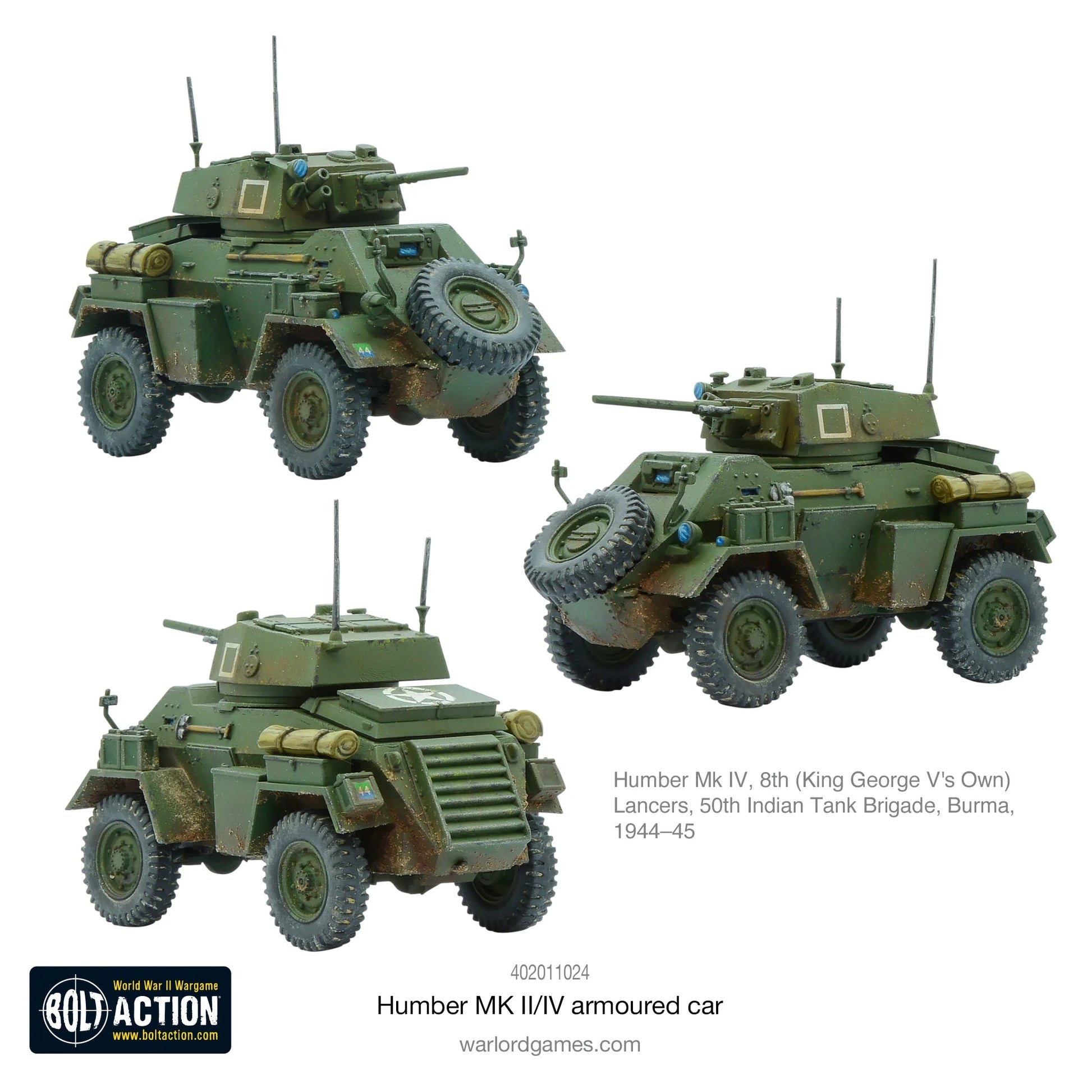 Humber MK IV Armoured Car - Bolt Action 28mm - trzy widoki British green 8th Lancers 50th Indian Tank Brigade Birma 37mm gun - Warlord Games