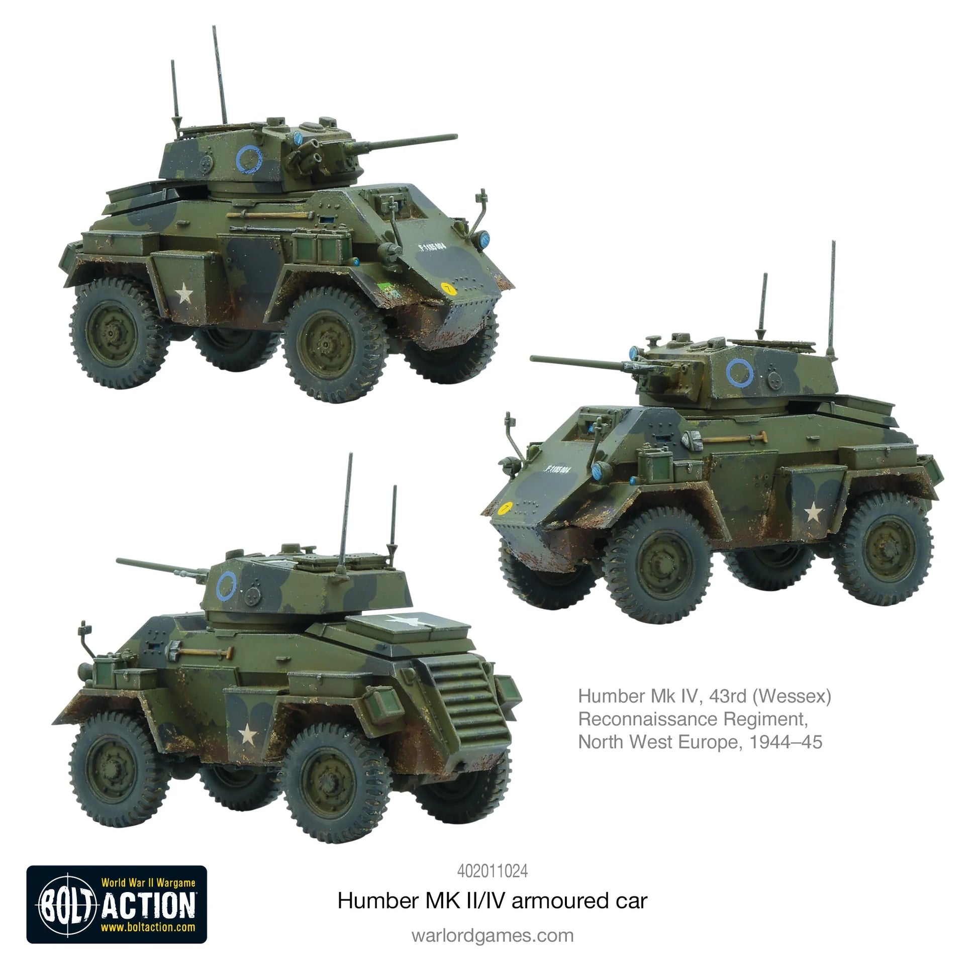 Humber MK IV Armoured Car - Bolt Action 28mm - trzy widoki British green 43rd Wessex Reconnaissance Regiment Europa Północno-Zachodnia 37mm gun - Warlord Games