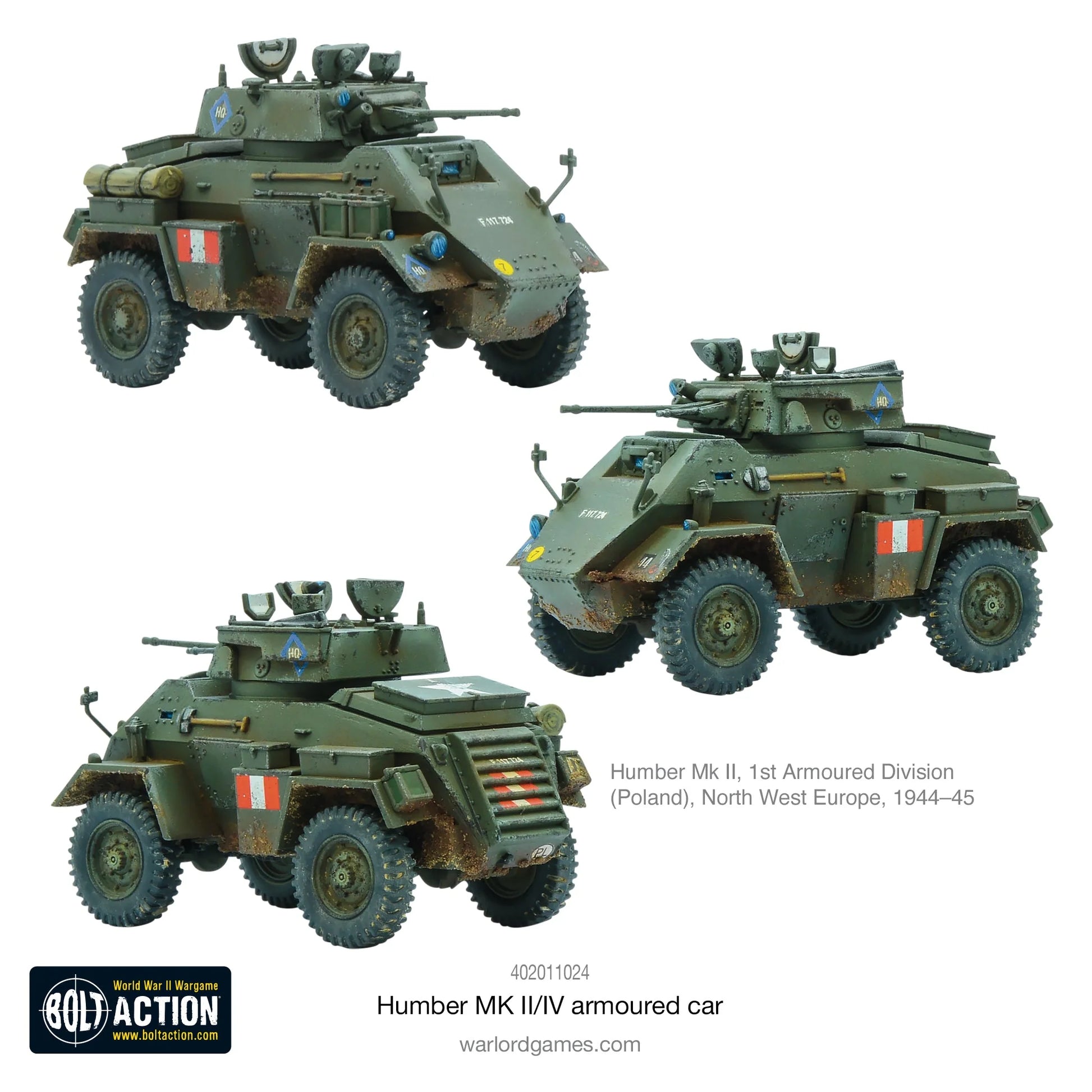 Humber MK II Armoured Car - Bolt Action 28mm - trzy widoki British green 1st Armoured Division Poland Europa Północno-Zachodnia 15mm Besa - Warlord Games