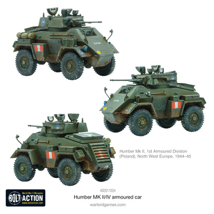 Humber MK II Armoured Car - Bolt Action 28mm - trzy widoki British green 1st Armoured Division Poland Europa Północno-Zachodnia 15mm Besa - Warlord Games