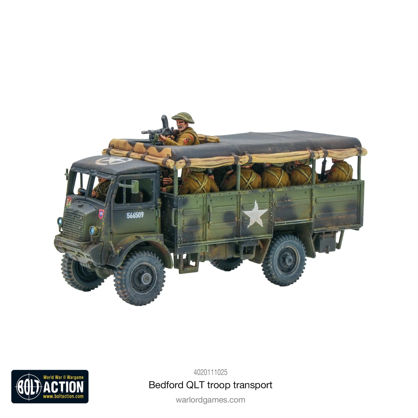 edford QLT Troop Transport - Bolt Action 28mm - widok z prawego boku British green siedzący żołnierze Bren gun white star płócienny dach - Warlord Games