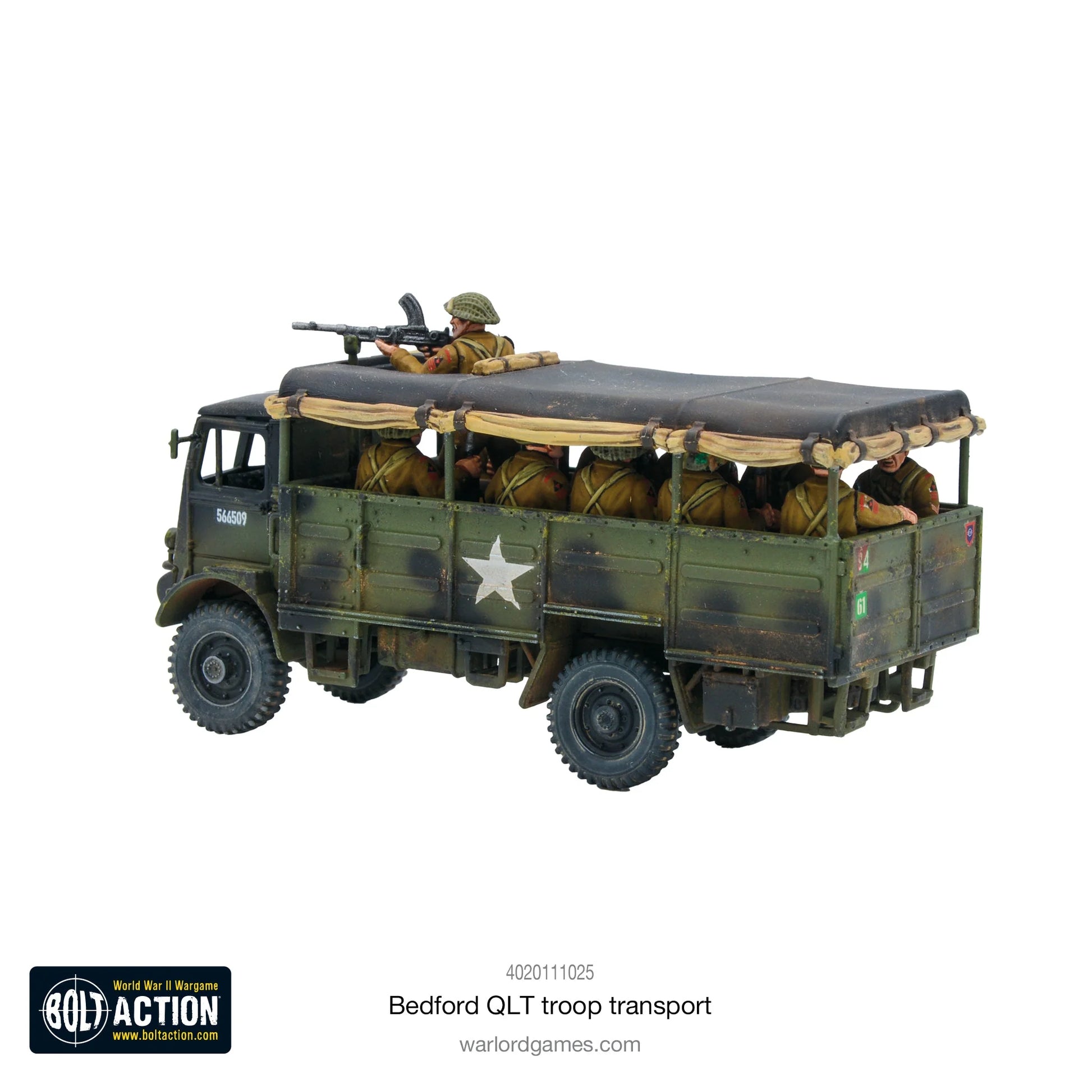 Bedford QLT Troop Transport - Bolt Action 28mm - widok z lewego boku British green siedzący żołnierze Bren gun white star płócienny dach - Warlord Games