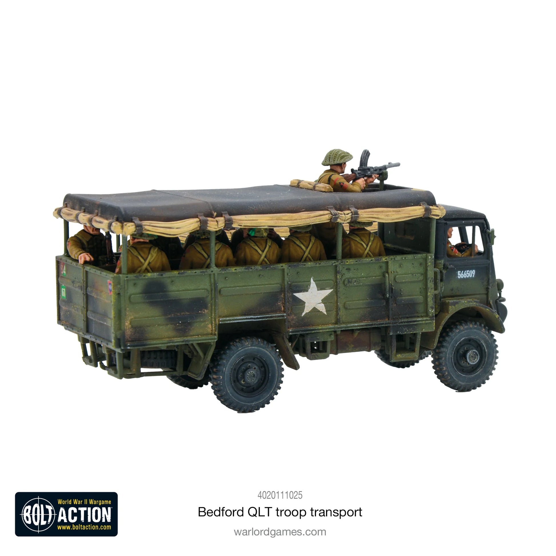 Bedford QLT Troop Transport - Bolt Action 28mm - widok z tyłu British green siedzący żołnierze Bren gun white star płócienny dach - Warlord Games