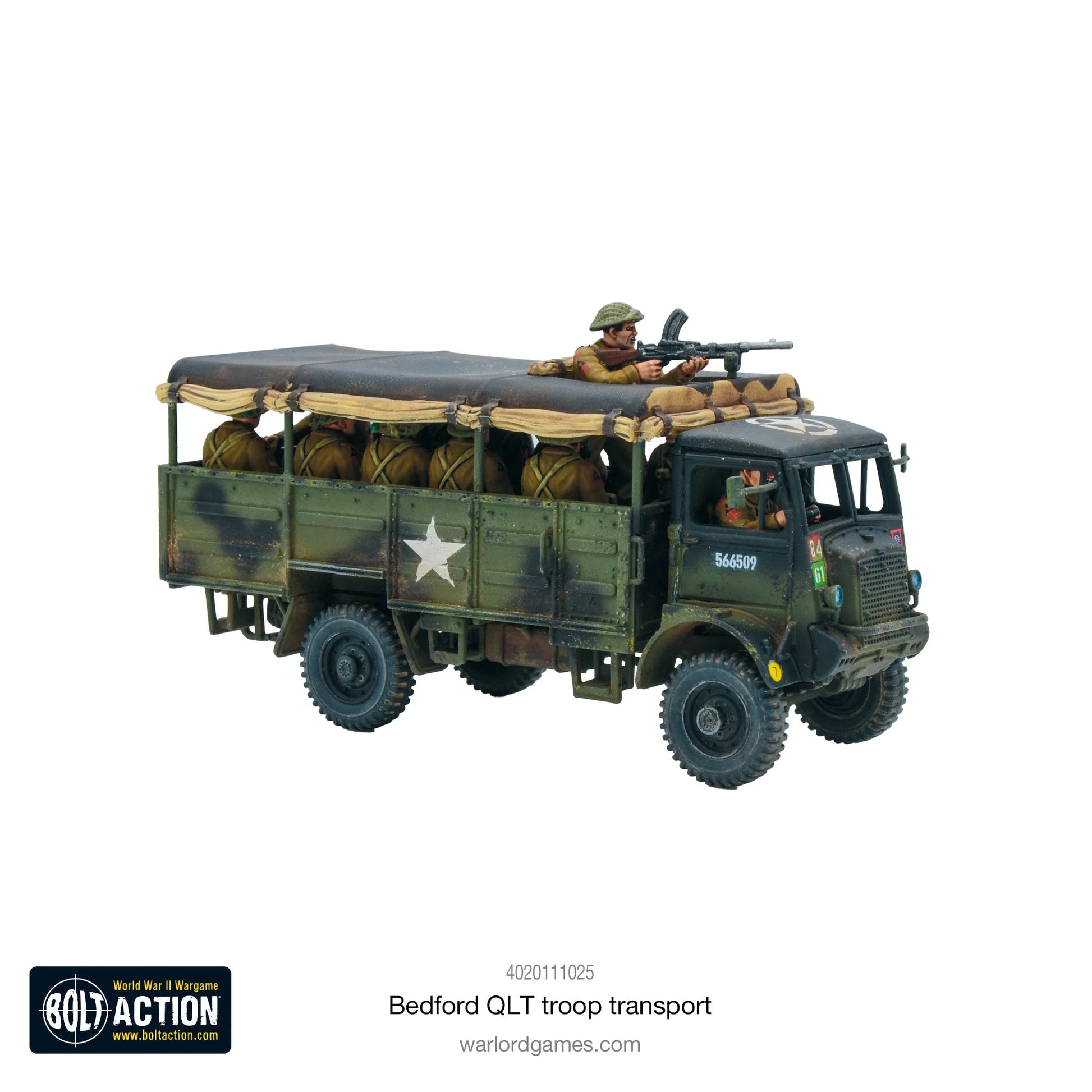 Bedford QLT Troop Transport - Bolt Action 28mm - widok z przodu British green siedzący żołnierze Bren gun white star płócienny dach weathering - Warlord Games