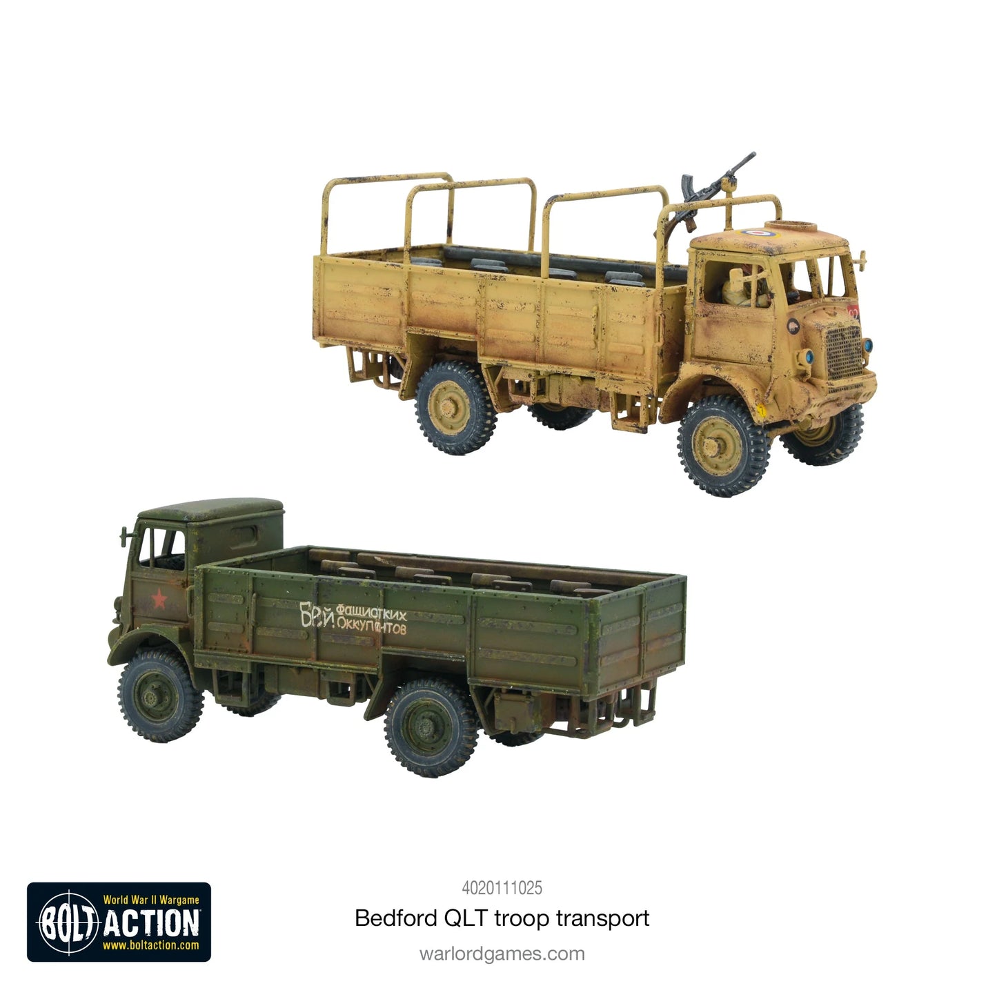 Bedford QLT Troop Transport - Bolt Action 28mm - kamuflaż pustyni desert sand i Soviet green cyrylica red star opcje montażu - Warlord Games