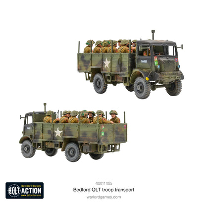 Bedford QLT Troop Transport - Bolt Action 28mm - dwa widoki British green siedzący żołnierze Bren gun white star płócienny dach - Warlord Games