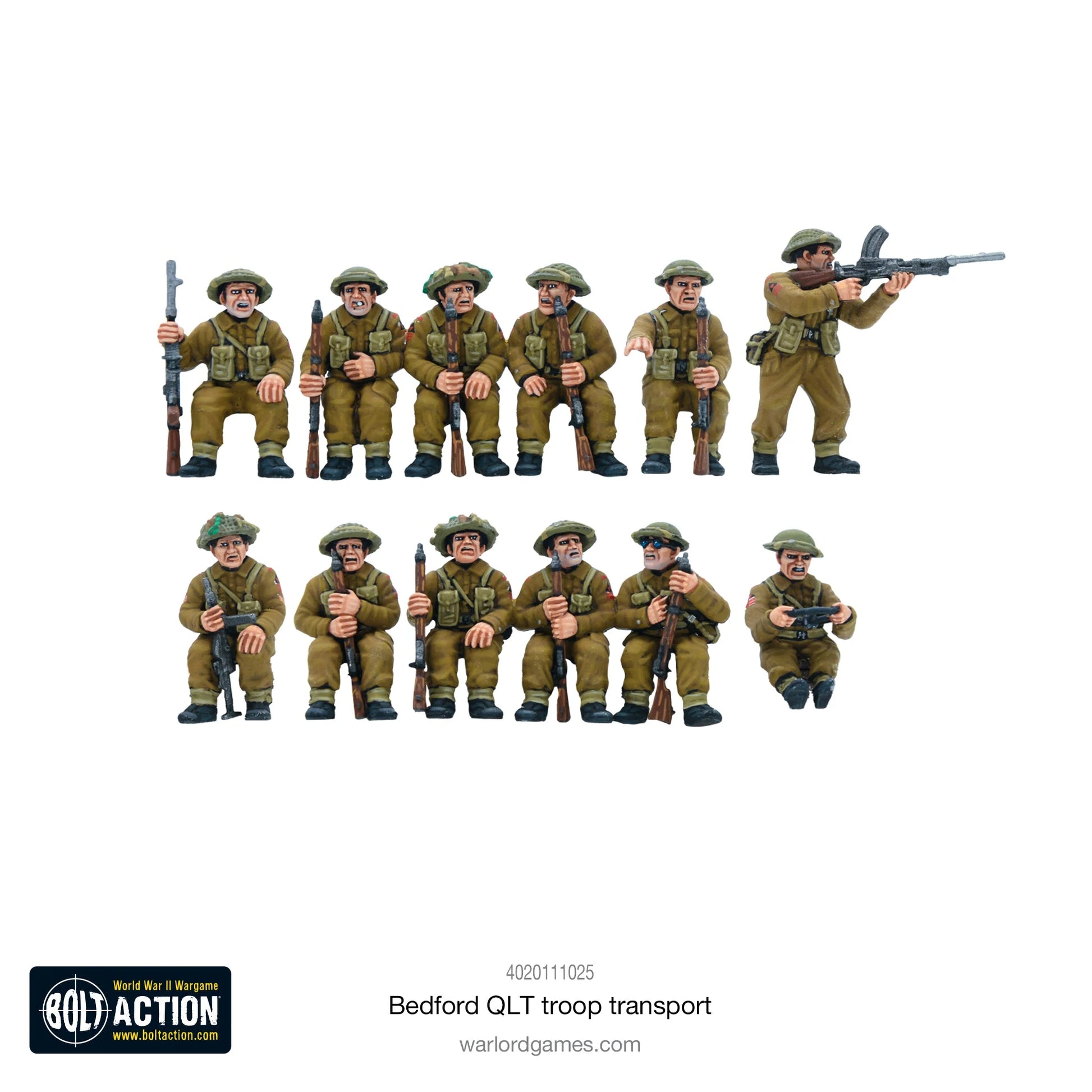 Bedford QLT Troop Transport - Bolt Action 28mm - siedzący brytyjscy żołnierze infantry passengers Lee Enfield Bren gun khaki mundury - Warlord Games