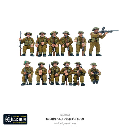 Bedford QLT Troop Transport - Bolt Action 28mm - siedzący brytyjscy żołnierze infantry passengers Lee Enfield Bren gun khaki mundury - Warlord Games
