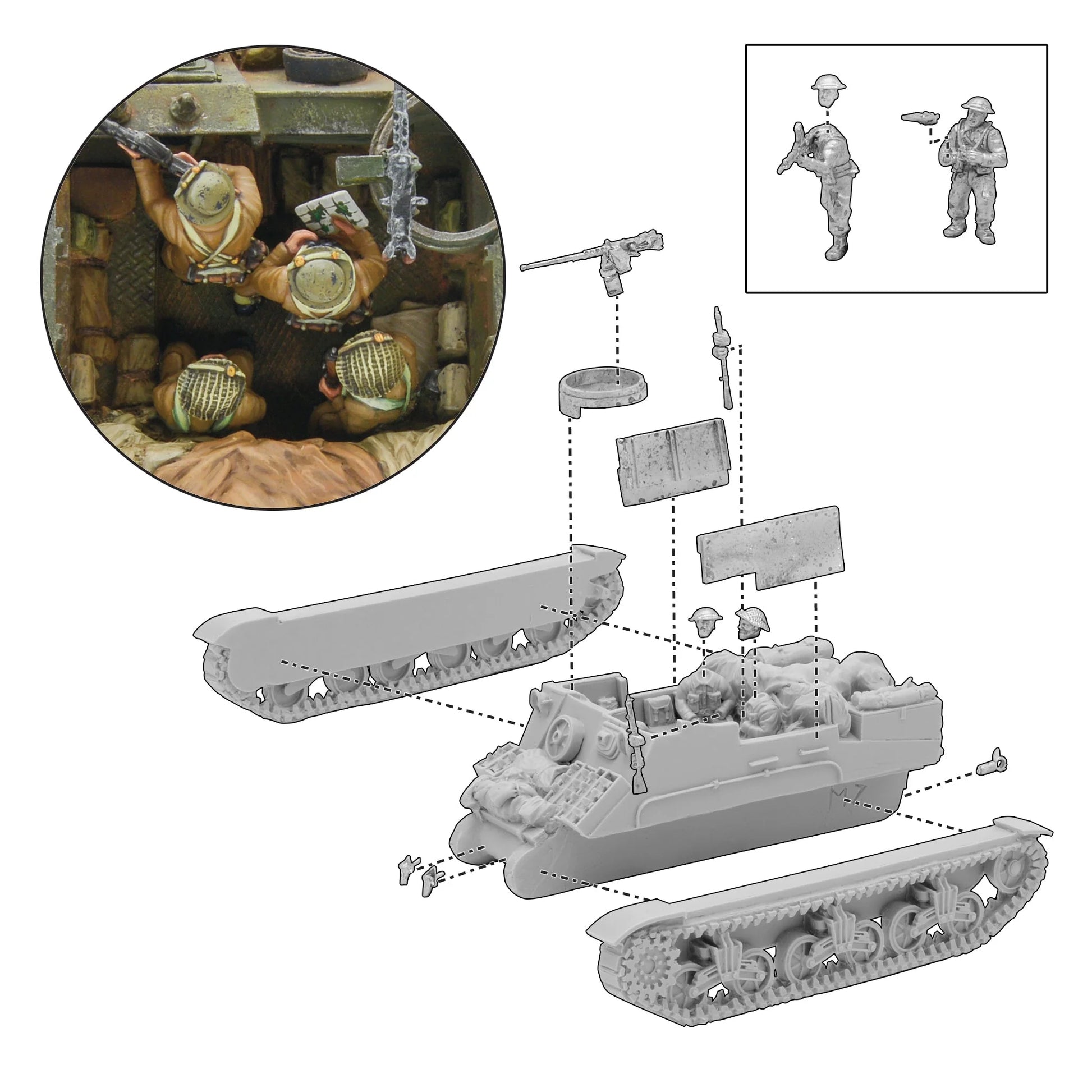 Kangaroo APC (Priest) Bolt Action - diagram montażu modelu 28mm żywica+metal: lewy okrąg - zbliżenie 3 pomalowanych figurek załogi w hełmach Mk.II wewnątrz pojazdu z karabinami i łańcuchem, prawy górny prostokąt - 2 nieskładane figurki załogi (szkic), główny diagram - rozłożone szare elementy żywiczne: kadłub, 2 gąsienice, HMG na pintle, podstawa pintle, dodatkowe płyty pancerne, hełm załogi, śruba, kod 402011026