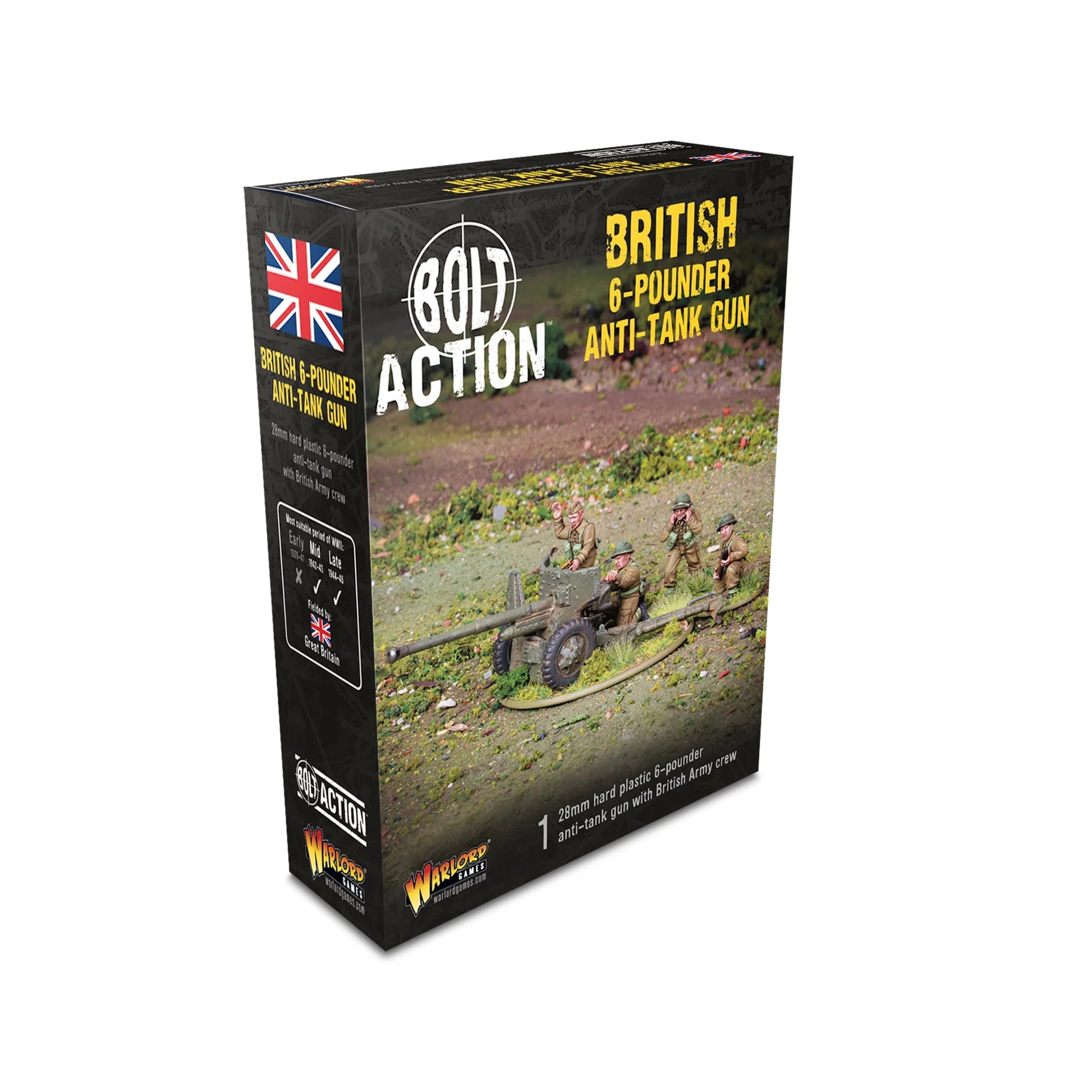 Warlord Games British 6-Pounder Anti-Tank Gun (Plastic) – pudełko Bolt Action British 6-Pounder Anti-Tank Gun: 1 hard plastic 28mm 6-pounder anti-tank gun with British Army crew, flaga brytyjska, logo Bolt Action i Warlord Games
