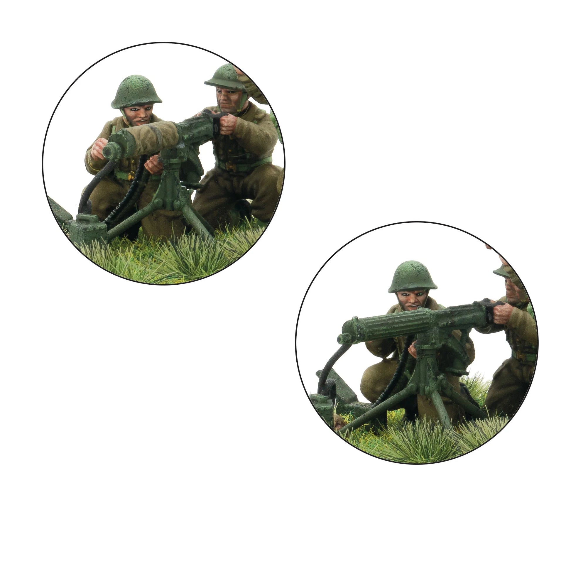 Warlord Games British Heavy Weapons Platoon (Plastic) – zbliżenie: 2 figurki obsługi MMG Vickers w hełmach Brodie klęczące przy karabinie maszynowym na trójnogu, detale twarzy i broni 28mm Bolt Action