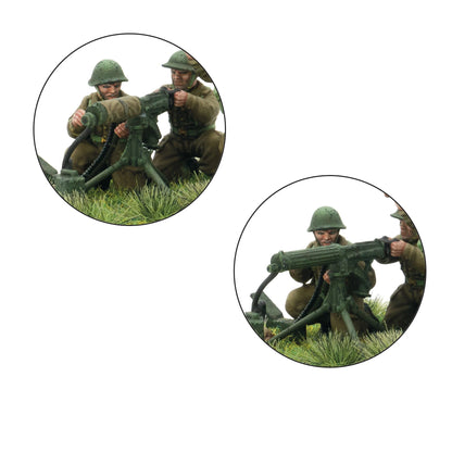 Warlord Games British Heavy Weapons Platoon (Plastic) – zbliżenie: 2 figurki obsługi MMG Vickers w hełmach Brodie klęczące przy karabinie maszynowym na trójnogu, detale twarzy i broni 28mm Bolt Action