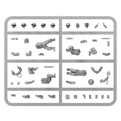 Warlord Games British Heavy Weapons Platoon (Plastic) – wypraska broni ciężkiej: lufa i trójnóg MMG Vickers z chłodnicą wodną (wersja kryta i odkryta), moździerz średni 3-calowy z dwunógiem i płytą podstawy, moździerz ciężki 4,2-calowy z dwunógiem i płytą podstawy, amunicja 28mm Bolt Action
