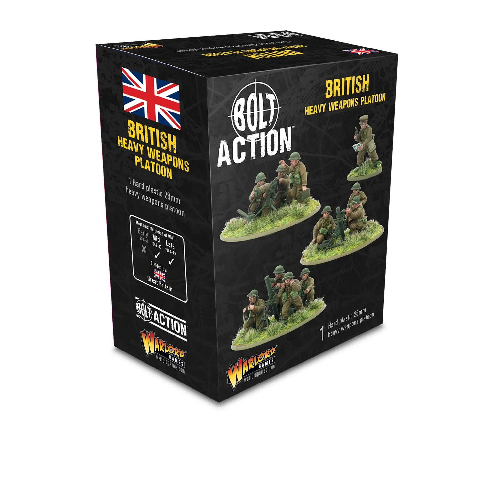 Warlord Games British Heavy Weapons Platoon (Plastic) – wypraska obsługi: głowy w hełmach Brodie i czapkach, tułowie, nogi, ręce, granaty moździerzowe, łuski, lornetka, pistolet, łopata i akcesoria do dekoracji podstawek 28mm Bolt Action