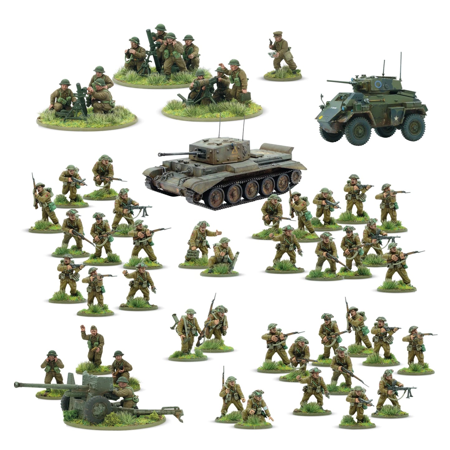 Warlord Games For King & Country – Brytyjska i Kanadyjska Armia Startowa Bolt Action: 36 figurek piechoty plastikowej w mundurach późnej fazy wojny z karabinami, Bren LMG, PIAT i moździerzami lekkimi, widok całości zestawu 28mm