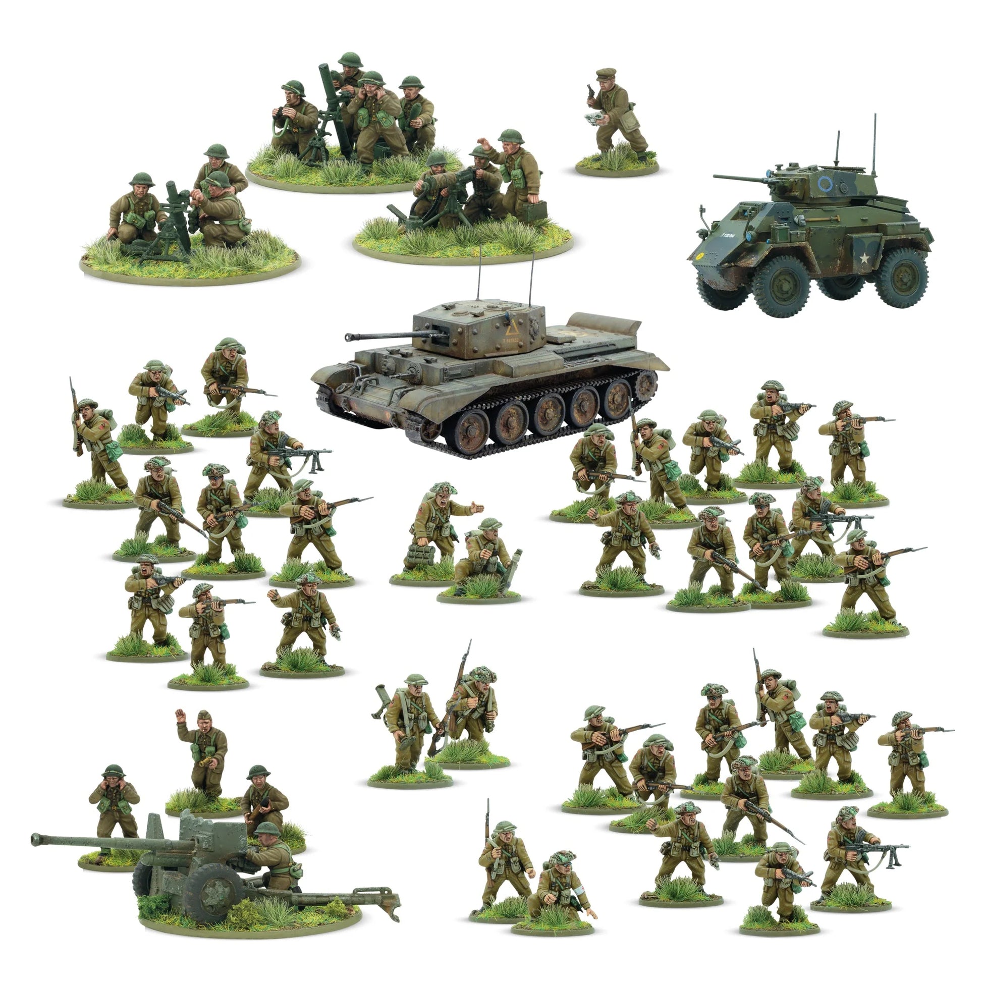 Warlord Games For King & Country – Brytyjska i Kanadyjska Armia Startowa Bolt Action: 36 figurek piechoty plastikowej w mundurach późnej fazy wojny z karabinami, Bren LMG, PIAT i moździerzami lekkimi, widok całości zestawu 28mm