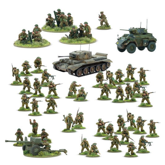 Warlord Games For King & Country – Brytyjska i Kanadyjska Armia Startowa Bolt Action: 36 figurek piechoty plastikowej w mundurach późnej fazy wojny z karabinami, Bren LMG, PIAT i moździerzami lekkimi, widok całości zestawu 28mm
