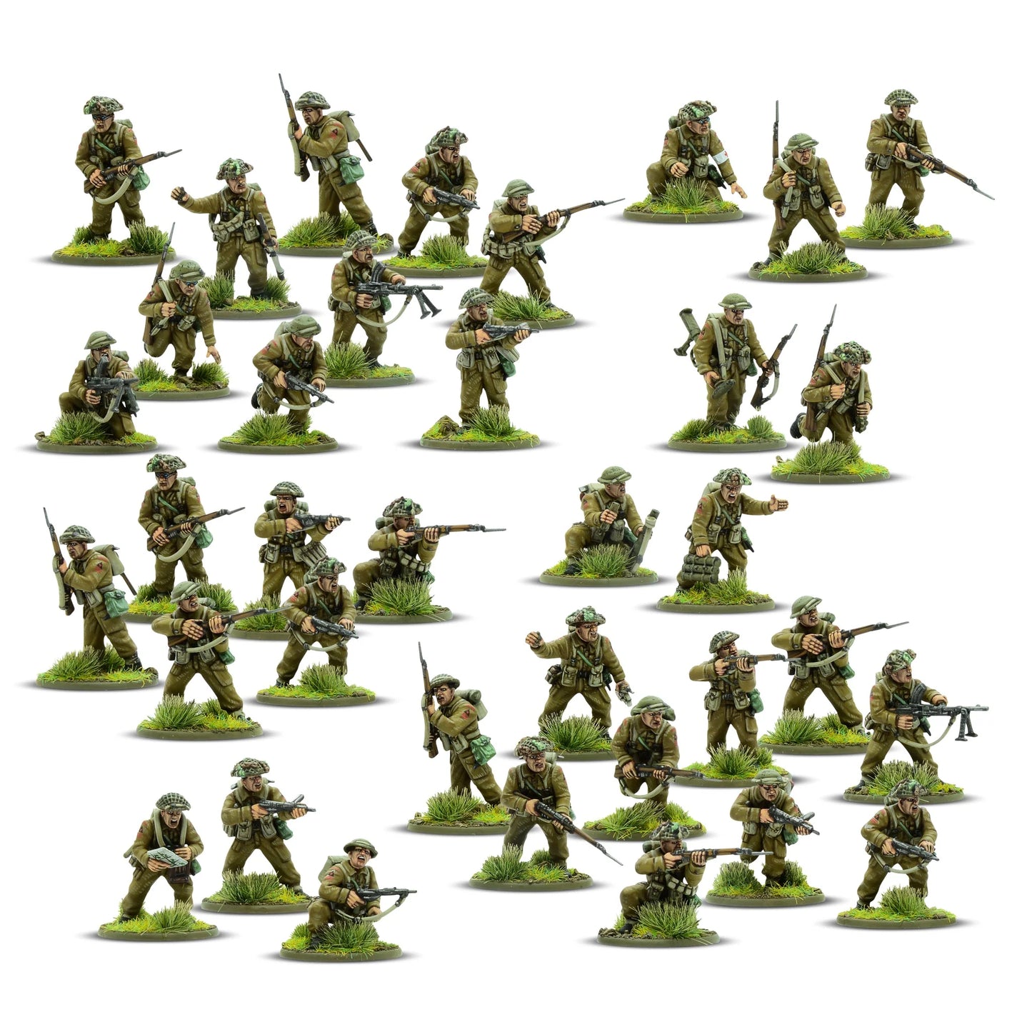 Warlord Games For King & Country – zespół moździerza średniego 3-calowego (3 figurki obsługi klęczące na podstawce 60mm), dowódca plutonu z pistoletem (podstawka 25mm), zespół moździerza ciężkiego 4,2-calowego (4 figurki obsługi na podstawce 60mm) i zespół MMG Vickers (2 figurki na podstawce 60mm), widok z przodu 28mm Bolt Action