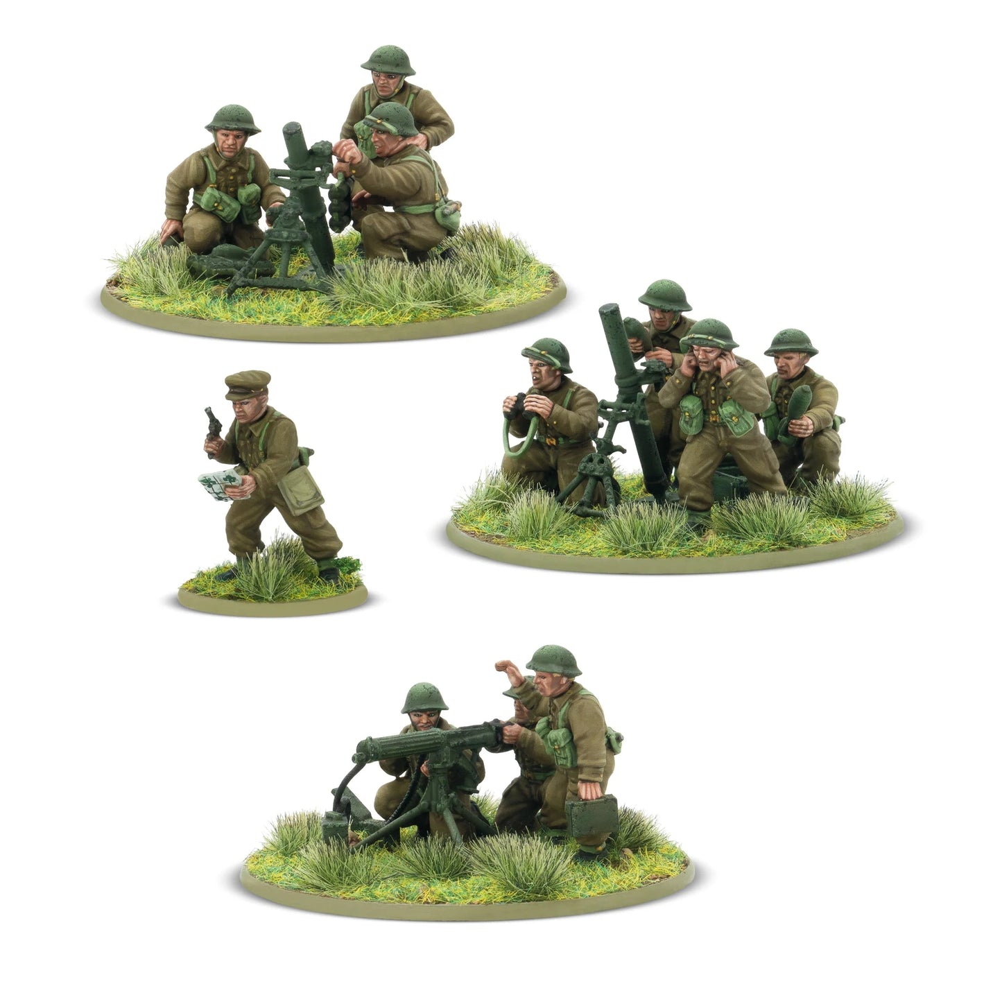 Warlord Games For King & Country – zespół moździerza średniego 3-calowego (3 figurki obsługi od tyłu na podstawce 60mm), dowódca plutonu z pistoletem (podstawka 25mm), zespół moździerza ciężkiego 4,2-calowego (4 figurki obsługi od tyłu na podstawce 60mm) i zespół MMG Vickers (2 figurki od tyłu na podstawce 60mm), widok z tyłu 28mm Bolt Action