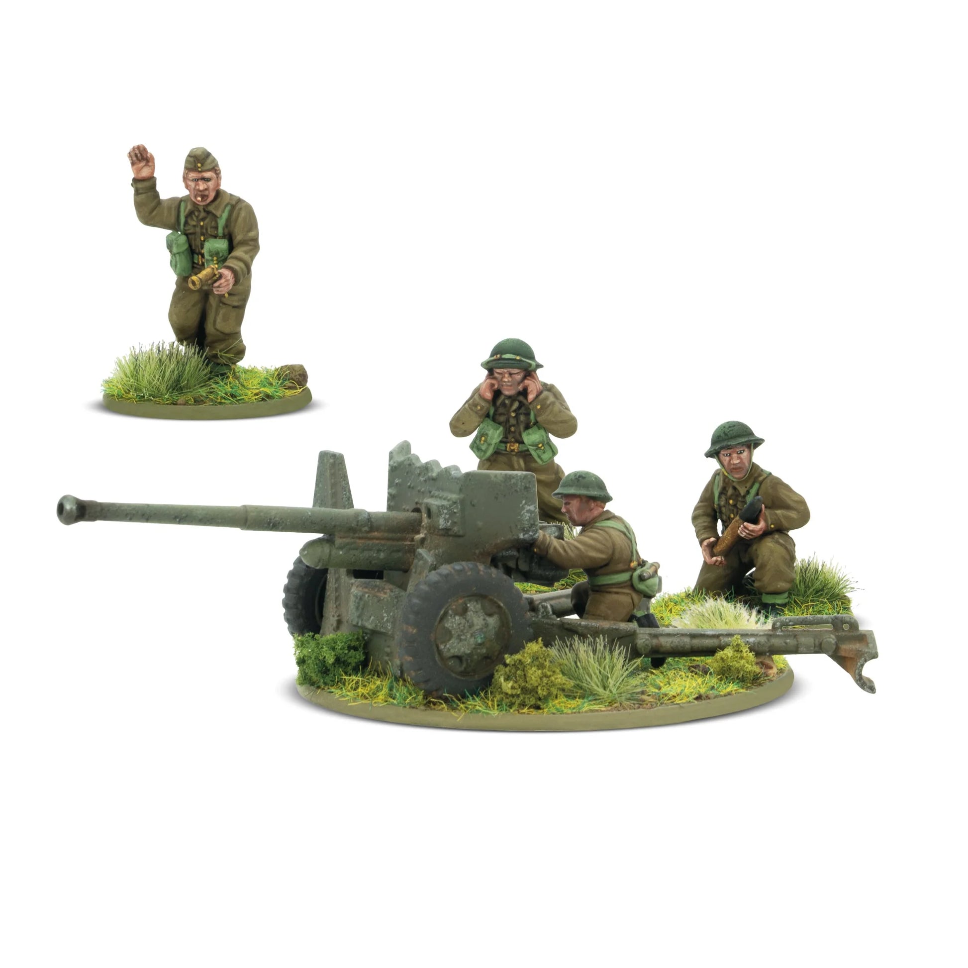 Warlord Games For King & Country – armata 6-funtowa QF z celowniczym na podstawce 60mm oraz dowódca od tyłu z lornetką i gestem rozkazu, ładowniczy i obserwator na osobnych podstawkach 25mm, widok z tyłu 28mm Bolt Action