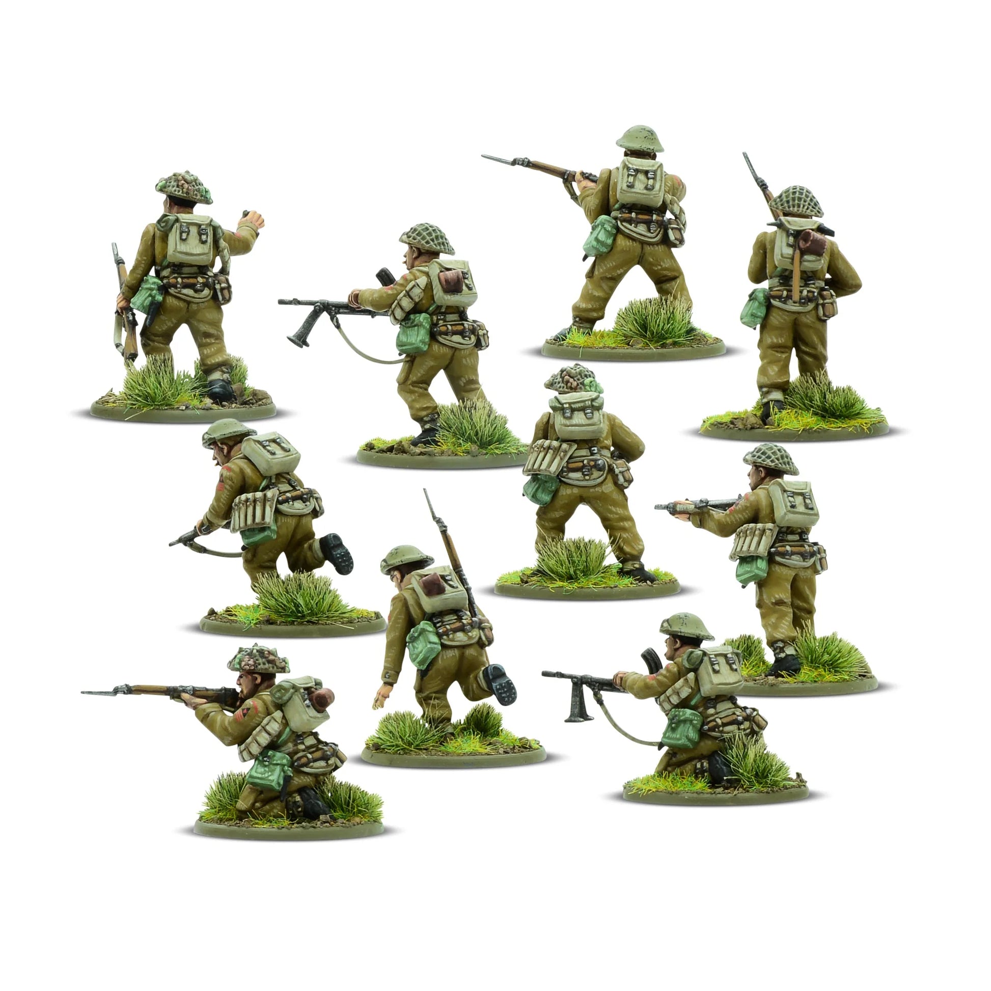 Warlord Games For King & Country – 3 figurki dowództwa plutonu 28mm: oficer w berecie klęczący z mapą i pistoletem (lewa), żołnierz stojący w hełmie Brodie ze Stenem (centrum), żołnierz klęczący w hełmie Brodie z Bren LMG (prawa), widok z przodu Bolt Action