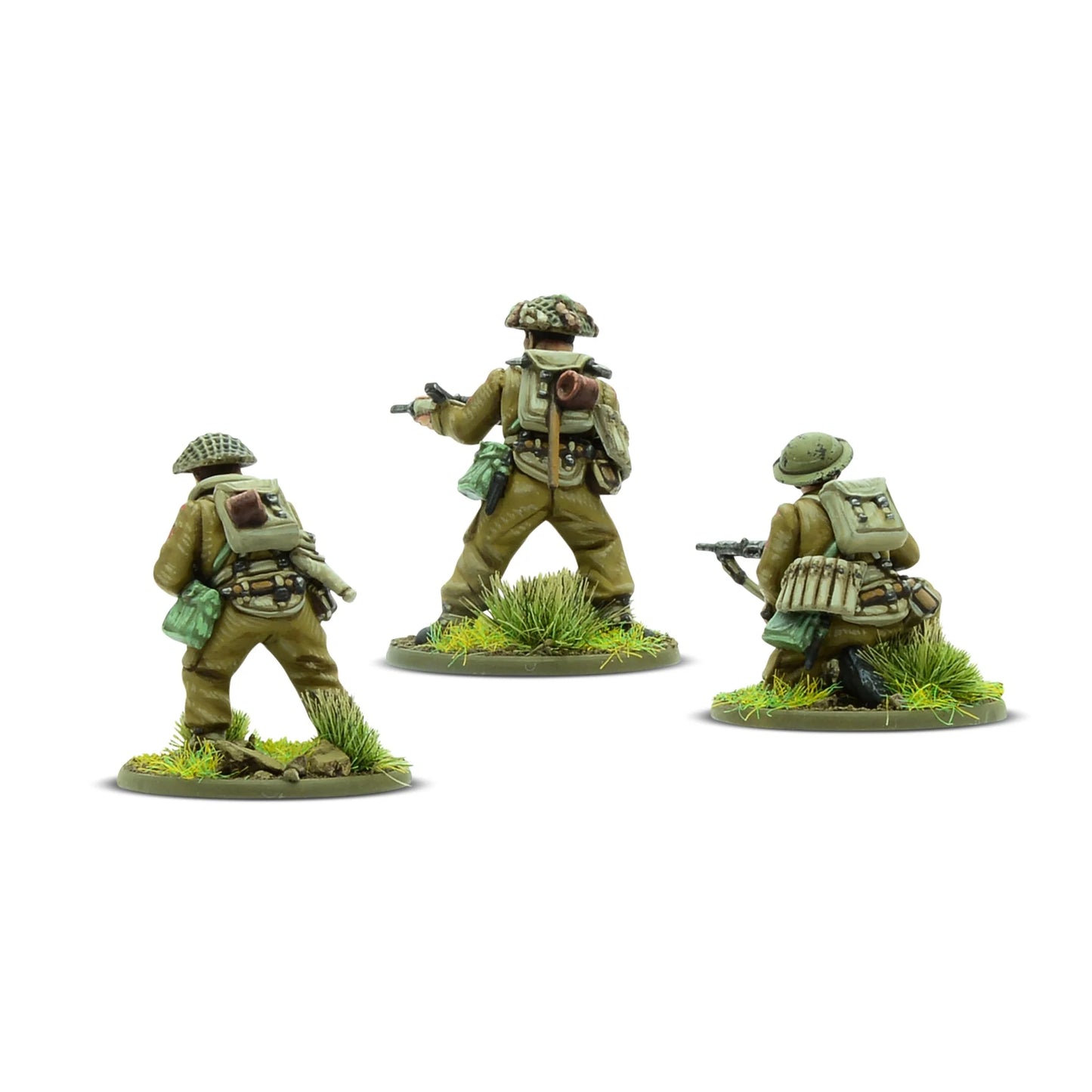 Warlord Games For King & Country – zespół moździerza lekkiego 2-calowego 28mm: żołnierz klęczący w hełmie Brodie trzymający moździerz (lewa) i dowódca w berecie z gestem rozkazu i amunicją (prawa), widok z przodu Bolt Action
