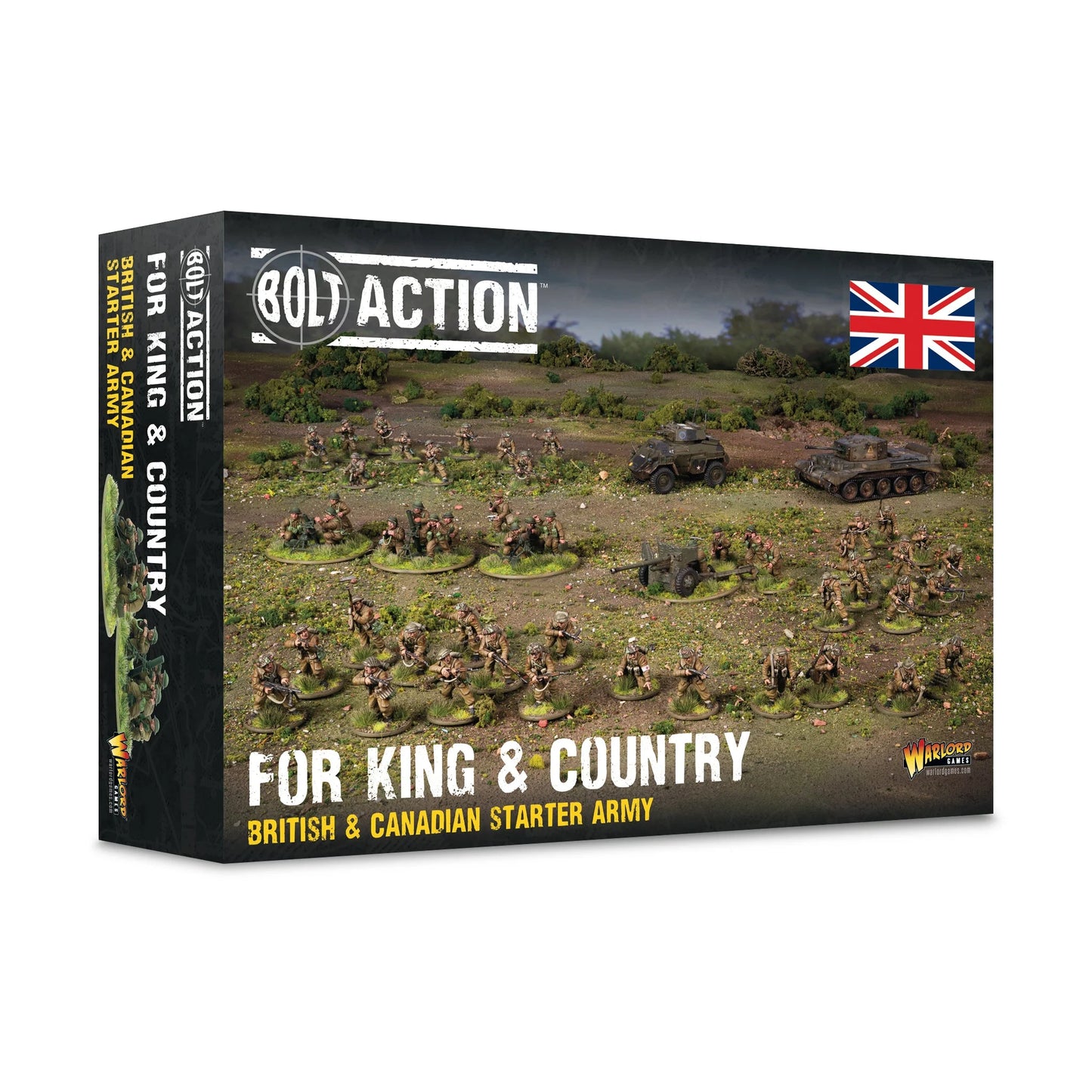 Warlord Games For King & Country – pudełko Bolt Action For King & Country British & Canadian Starter Army: widok całej armii na stole – 36 figurek piechoty, zespół MMG Vickers, zespół moździerza, armata 6-funtowa, samochód pancerny Humber i czołg Cromwell 28mm
