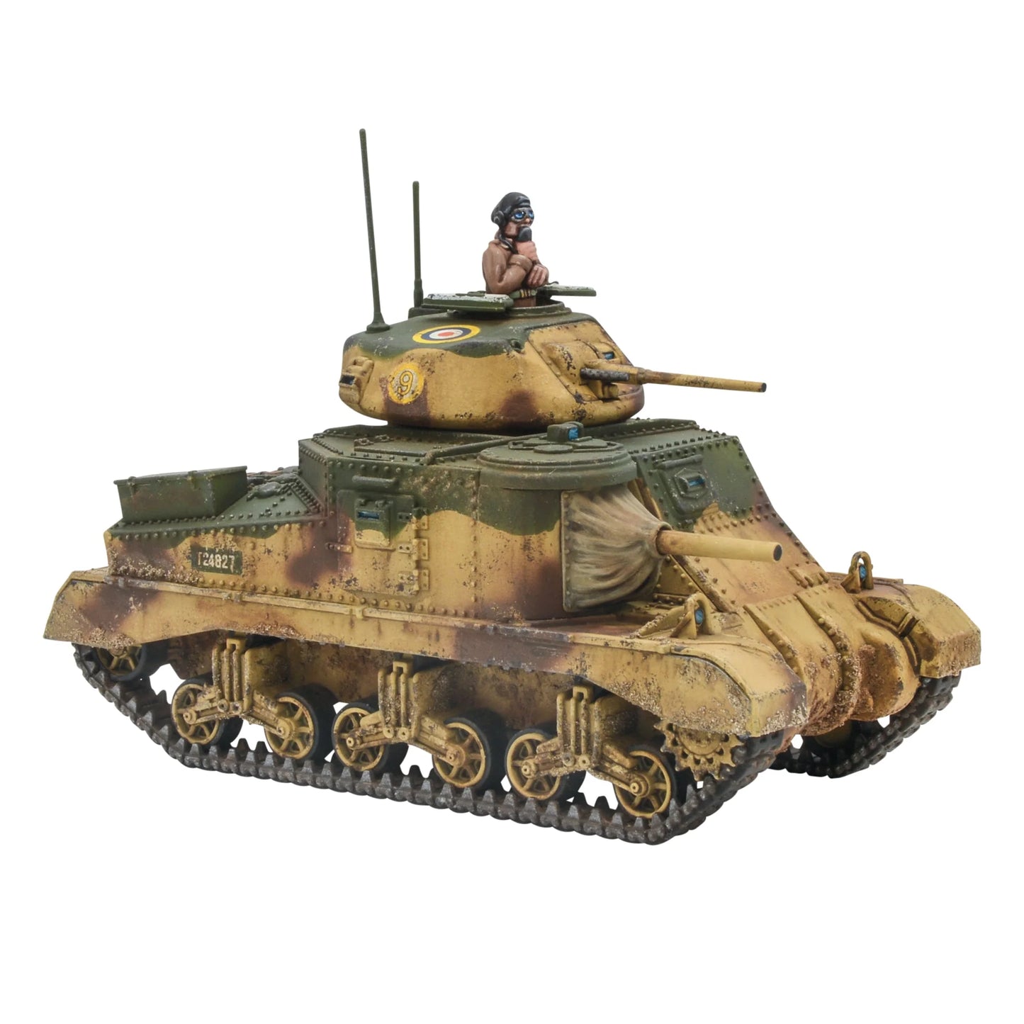 M3 Grant Medium Tank - Bolt Action 28mm - widok z prawego boku brytyjska spawana wieża hull gun gąsienice kamuflaż pustyni - Warlord Games