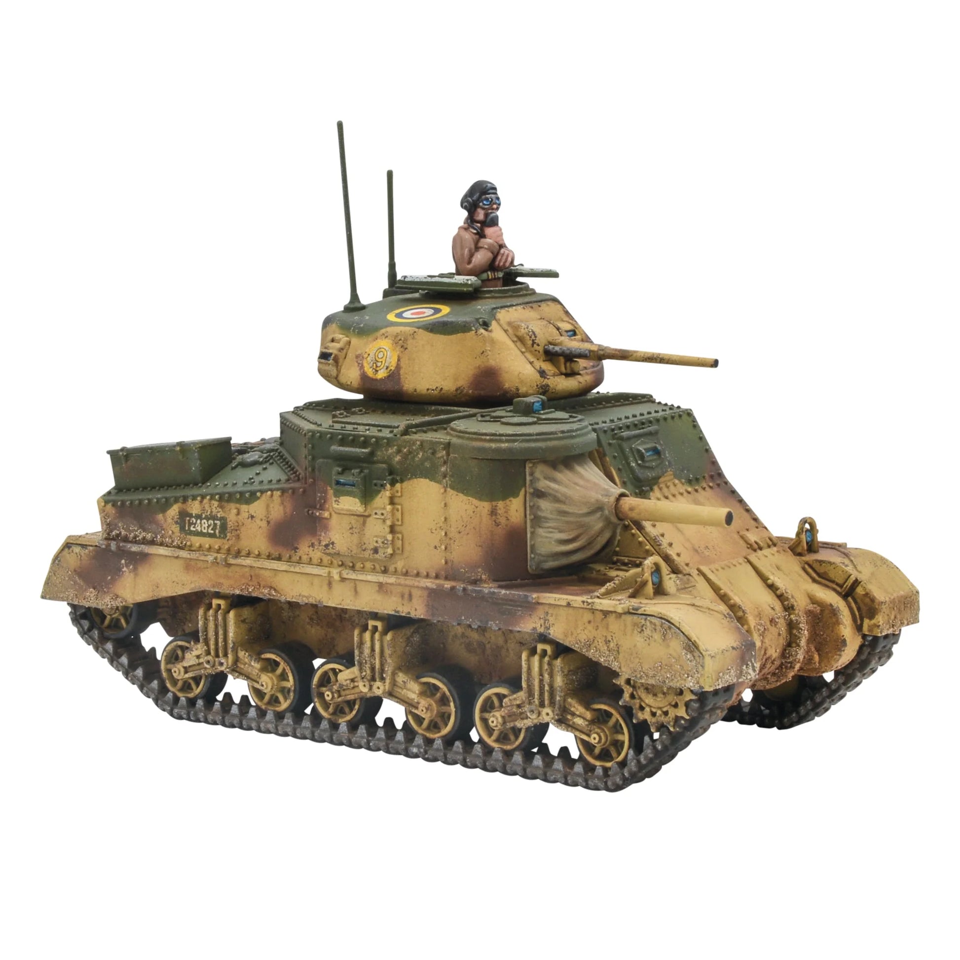 M3 Grant Medium Tank - Bolt Action 28mm - widok z prawego boku brytyjska spawana wieża hull gun gąsienice kamuflaż pustyni - Warlord Games