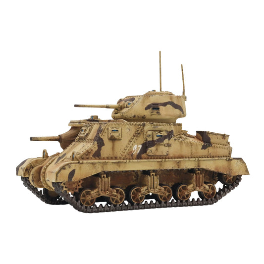 M3 Grant Medium Tank - Bolt Action 28mm - widok z boku załoga commander brytyjska spawana wieża hull gun kamuflaż pustyni - Warlord Games