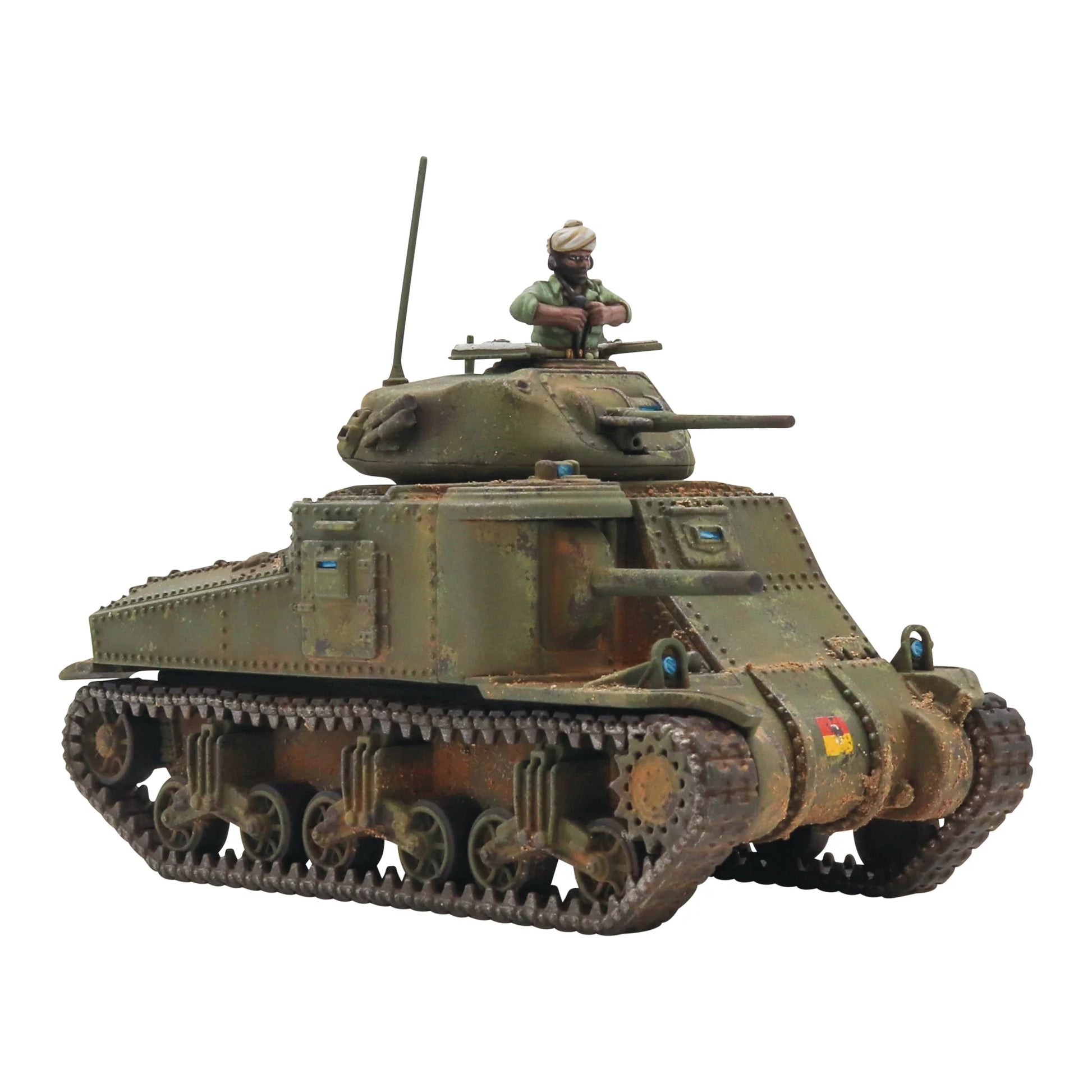 M3 Grant Medium Tank - Bolt Action 28mm - widok z boku załoga Sikh commander brytyjska spawana wieża British green weathering - Warlord Games