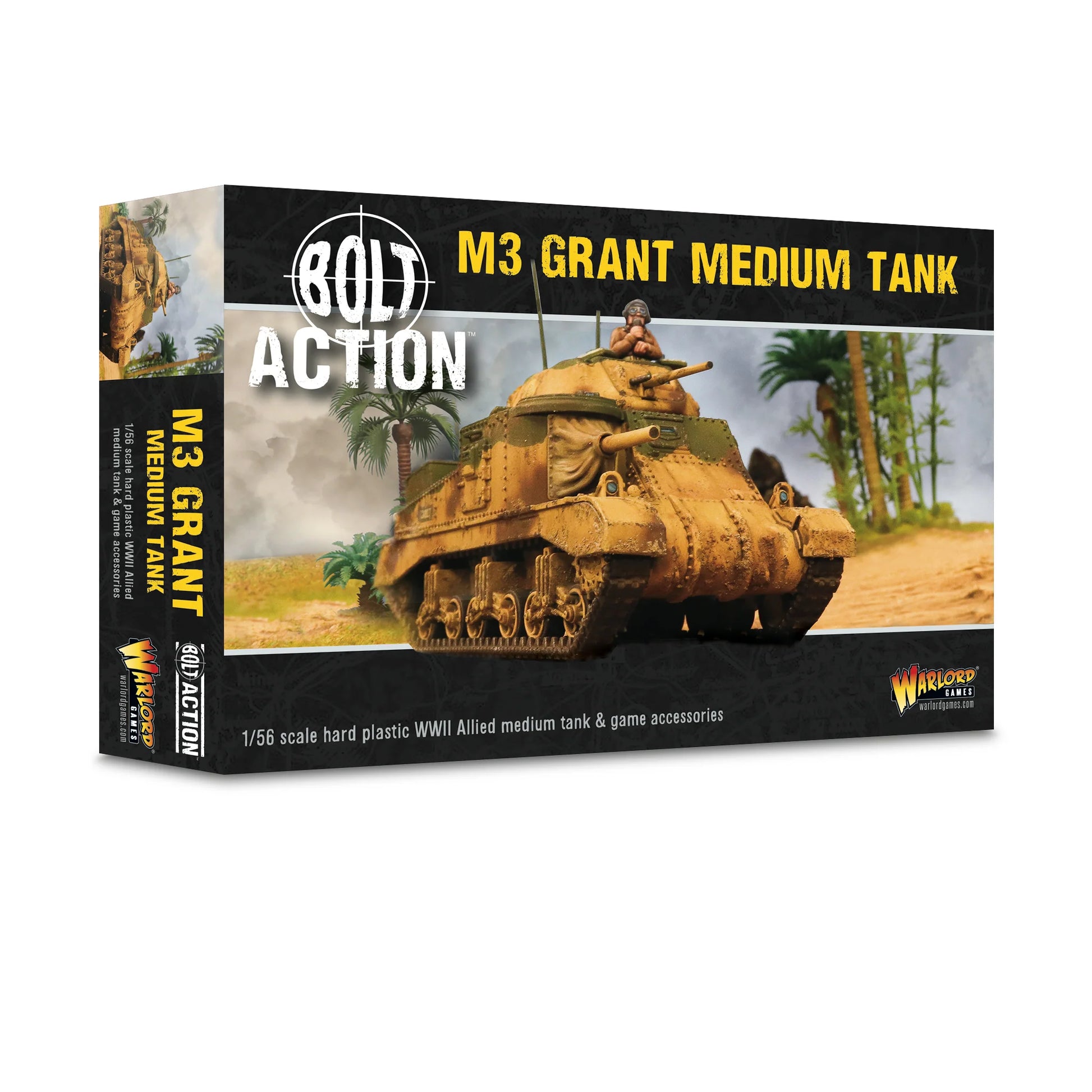 M3 Grant Medium Tank - Bolt Action 28mm - pudełko plastikowy model Allied medium tank kamuflaż pustyni - Warlord Games