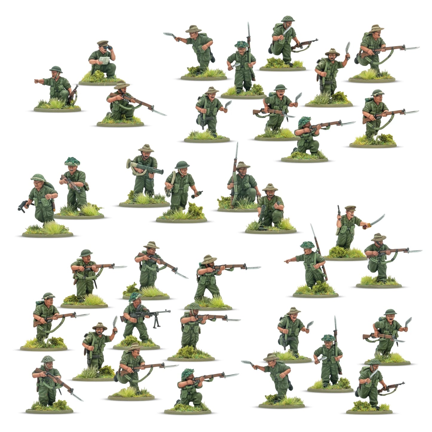 Warlord Games Gurkha Infantry Platoon – 30 plastikowych figurek Gurków w mundurach dżunglowych z karabinami Lee-Enfield, nożami kukri i bronią wsparcia, widok całości zestawu 28mm Bolt Action