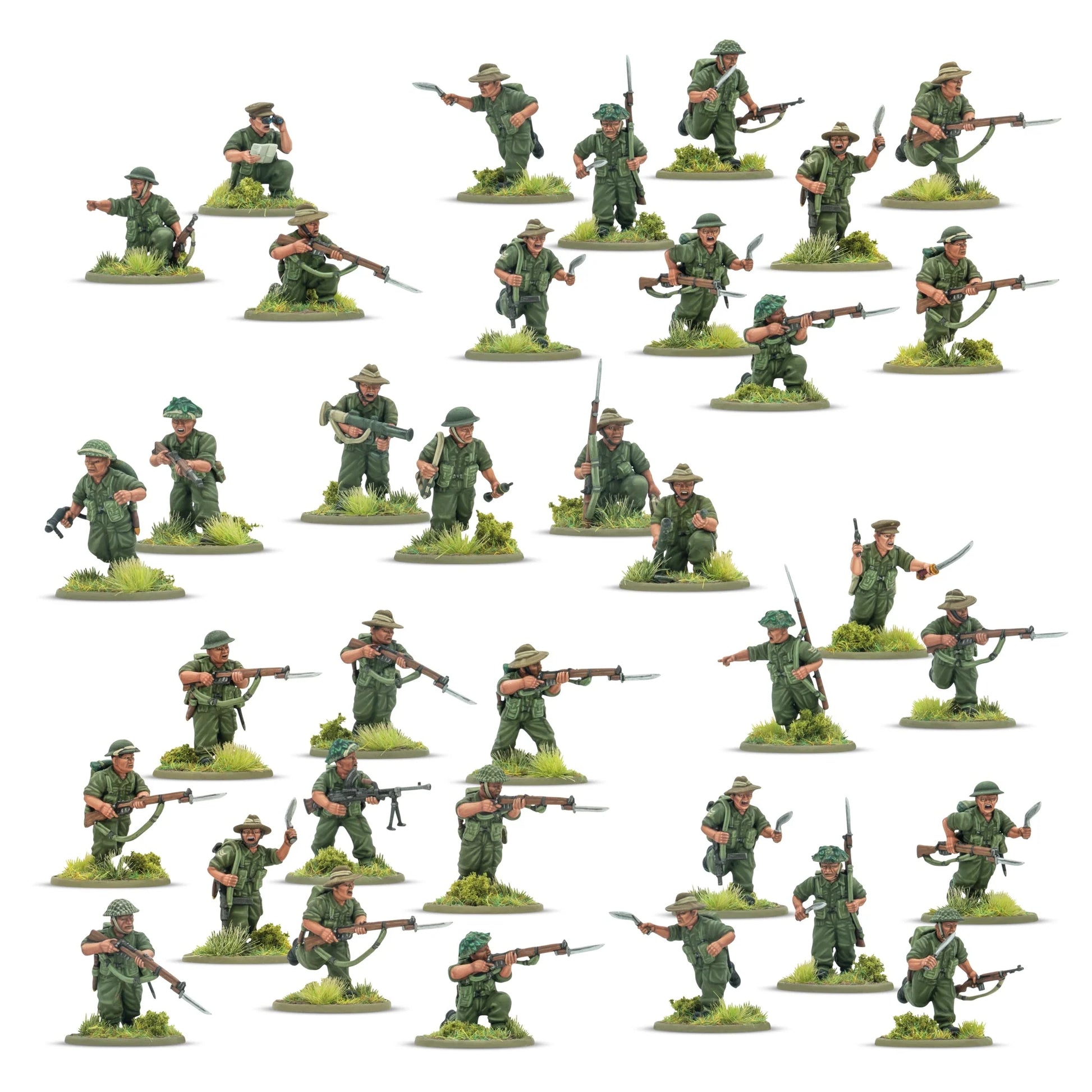 Warlord Games Gurkha Infantry Platoon – 30 plastikowych figurek Gurków w mundurach dżunglowych z karabinami Lee-Enfield, nożami kukri i bronią wsparcia, widok całości zestawu 28mm Bolt Action