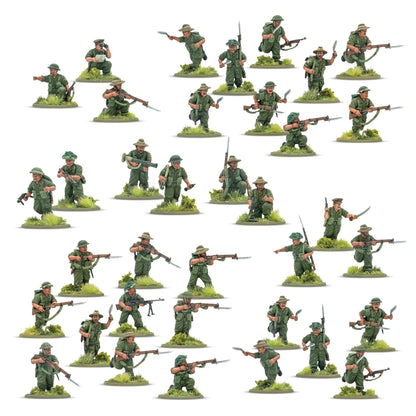 Warlord Games Gurkha Infantry Platoon – 30 plastikowych figurek Gurków w mundurach dżunglowych z karabinami Lee-Enfield, nożami kukri i bronią wsparcia, widok całości zestawu 28mm Bolt Action