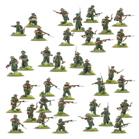 Warlord Games Gurkha Infantry Platoon – 30 plastikowych figurek Gurków w mundurach dżunglowych z karabinami Lee-Enfield, nożami kukri i bronią wsparcia, widok całości zestawu 28mm Bolt Action