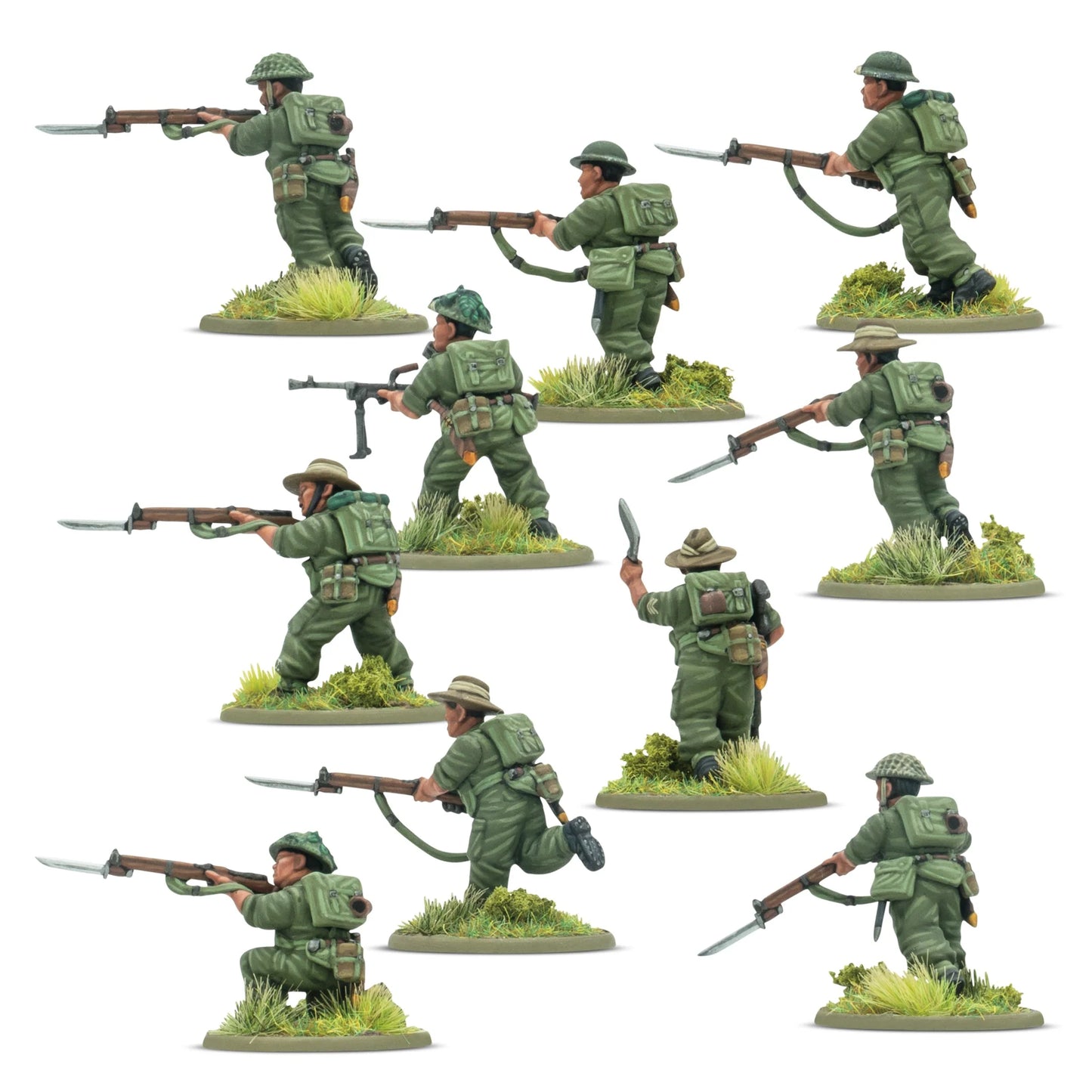 Warlord Games Gurkha Infantry Platoon – zbliżenie 10 figurek Gurków od tyłu: plecaki, ładownice i wyposażenie polowe, różne nakrycia głowy 28mm Bolt Action